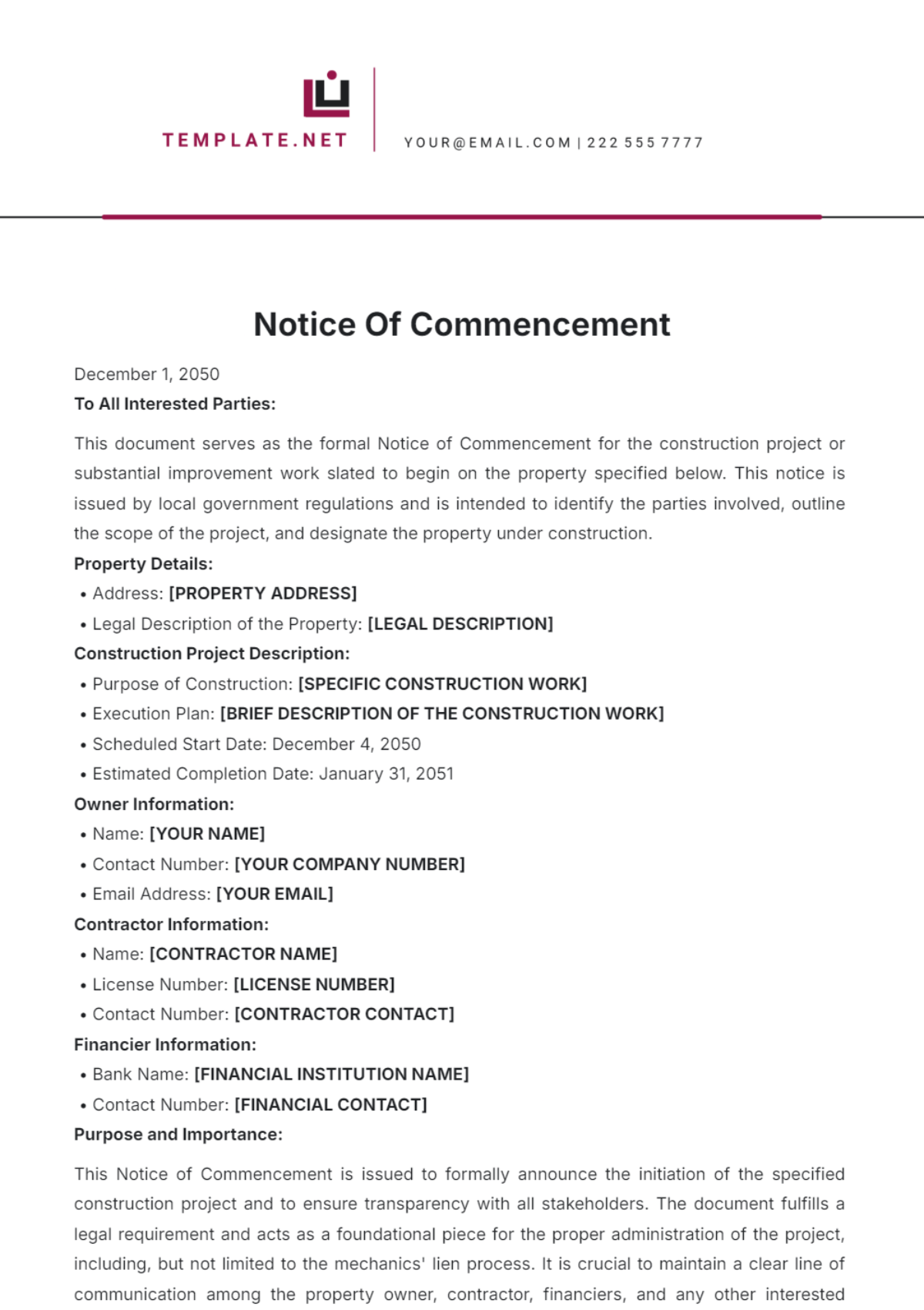 Free Notice of Commencement Template