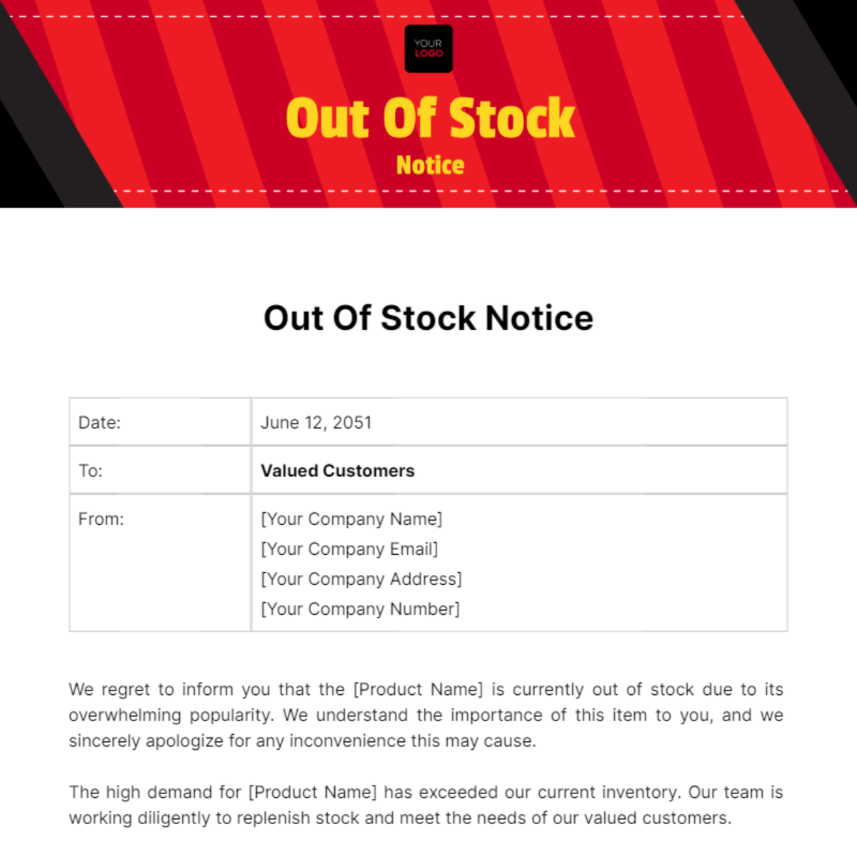 Out Of Stock Notice Template