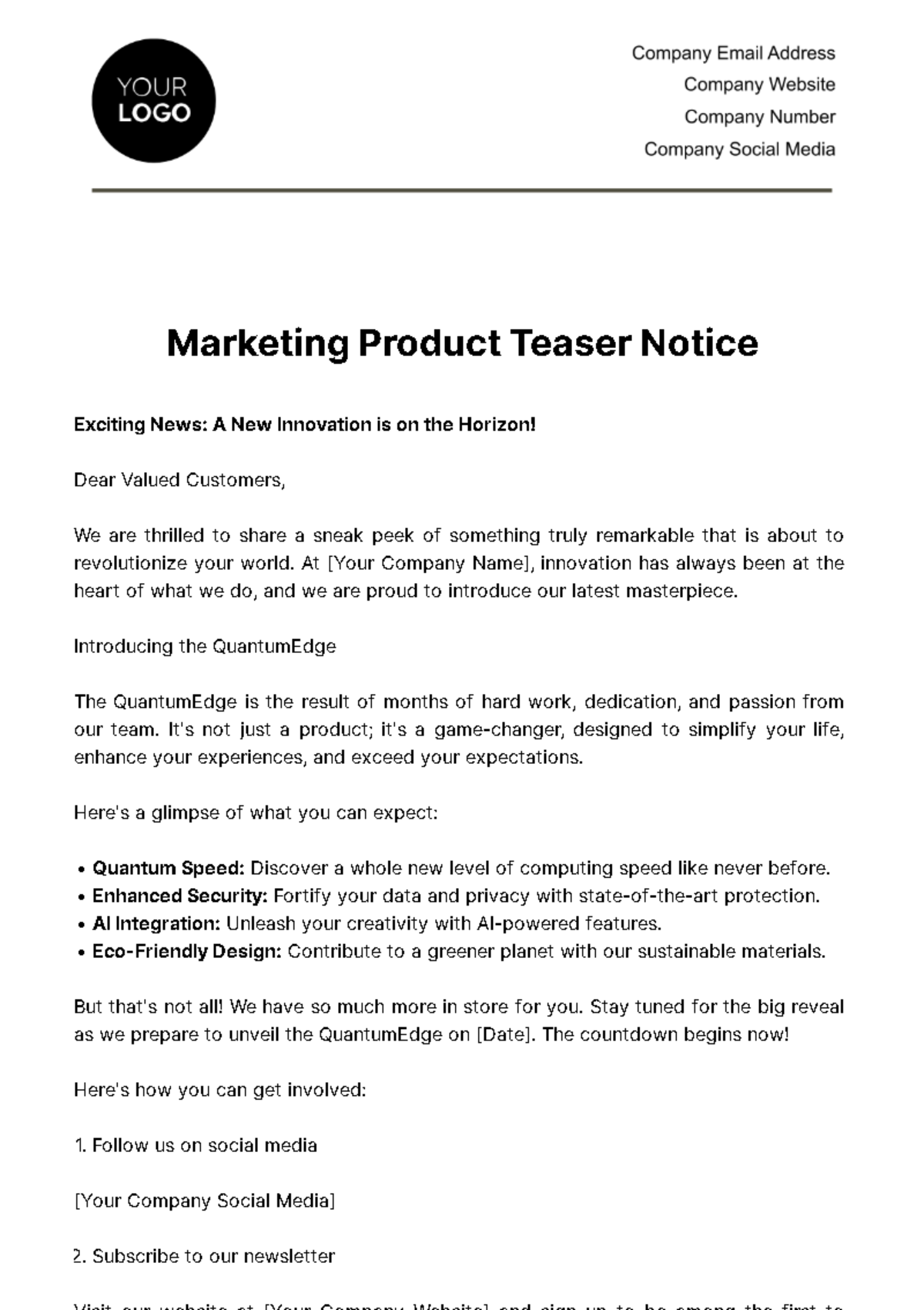 Free Marketing Product Teaser Notice Template