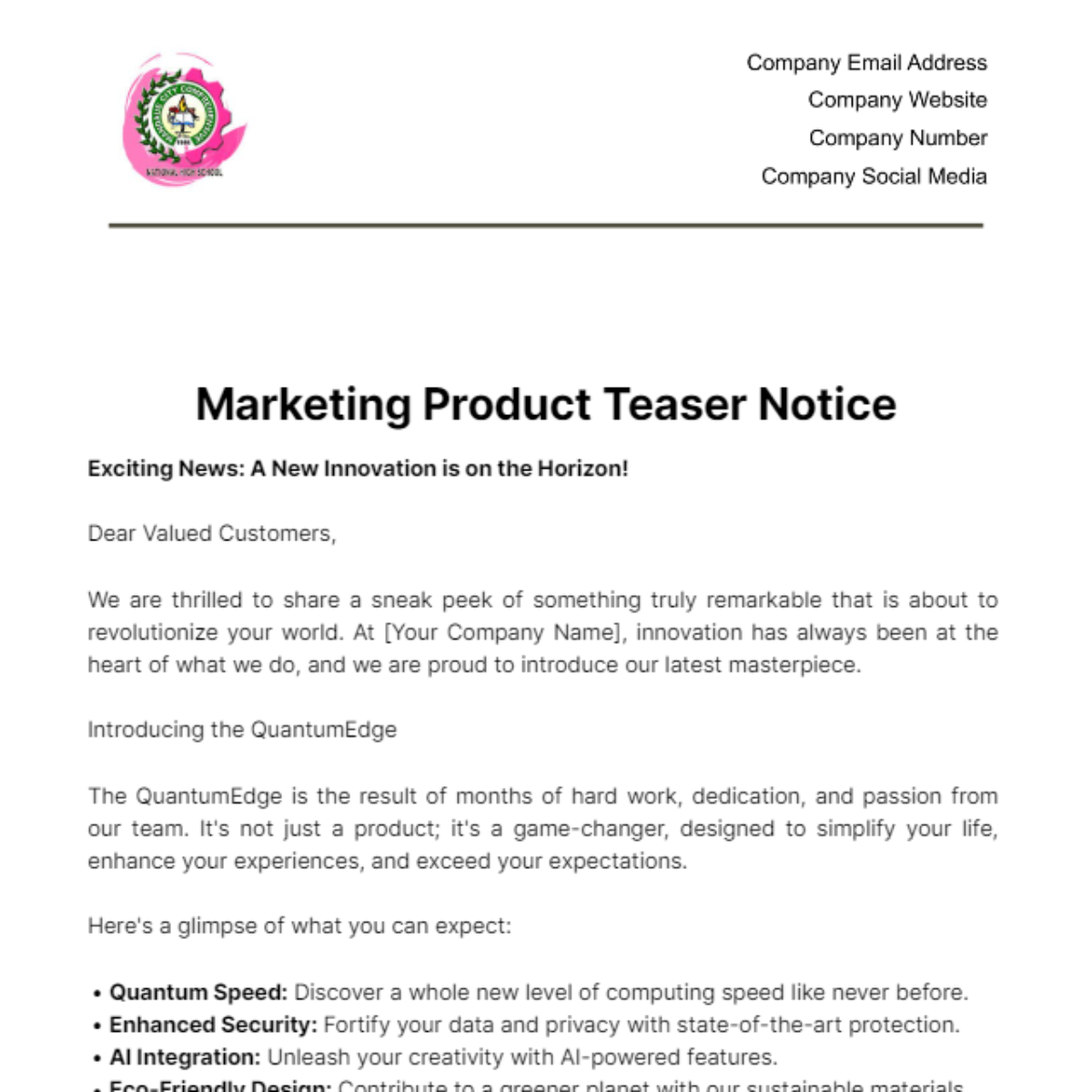 Marketing Product Teaser Notice Template