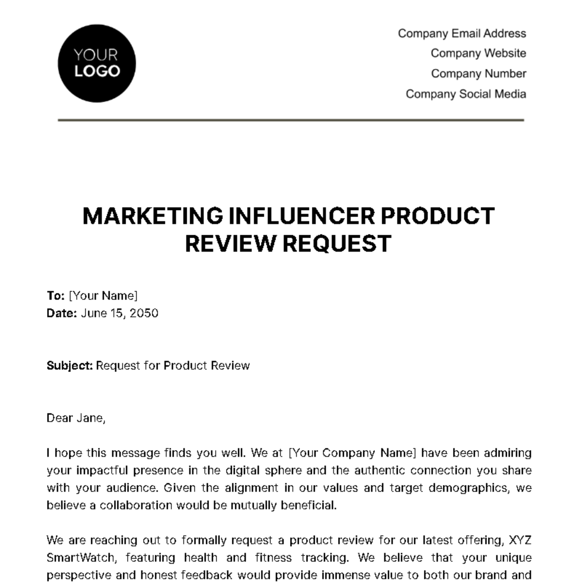 Marketing Influencer Product Review Request Template