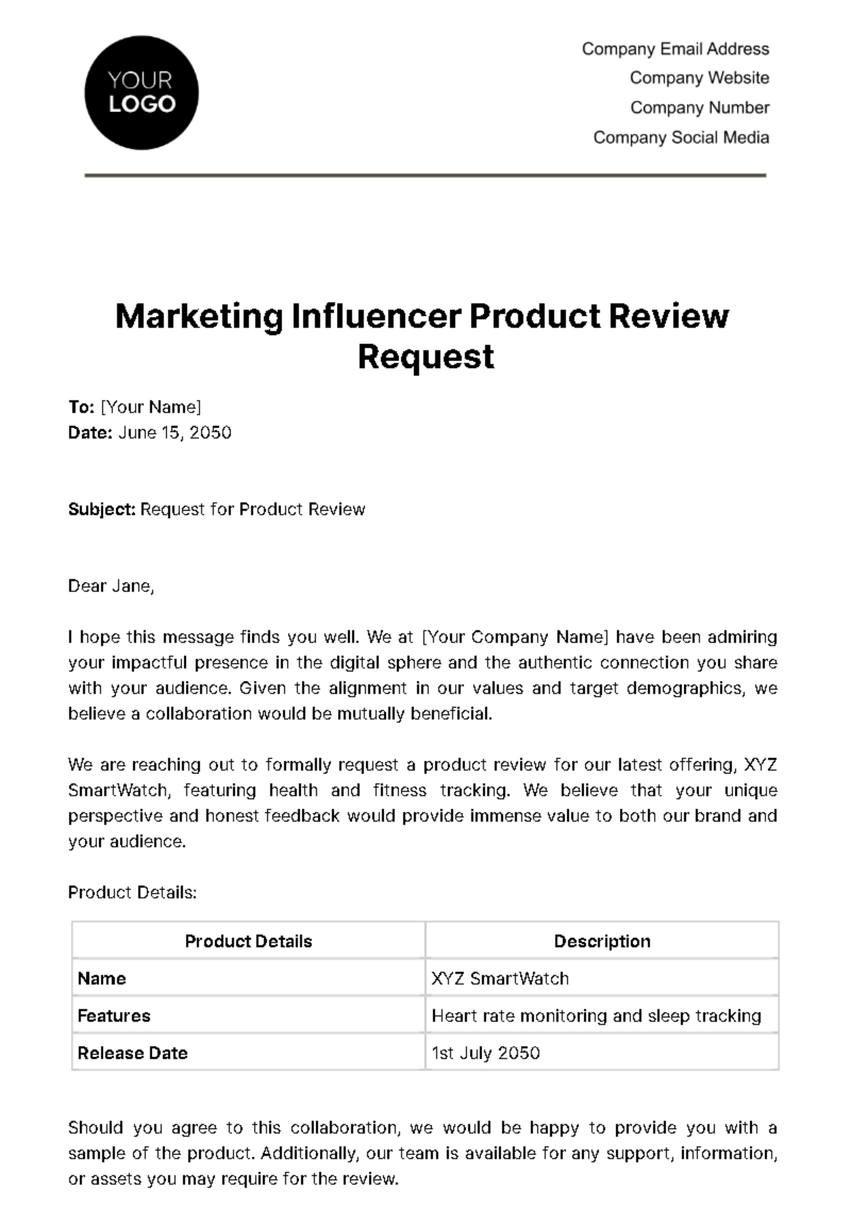 Free Marketing Influencer Product Review Request Template
