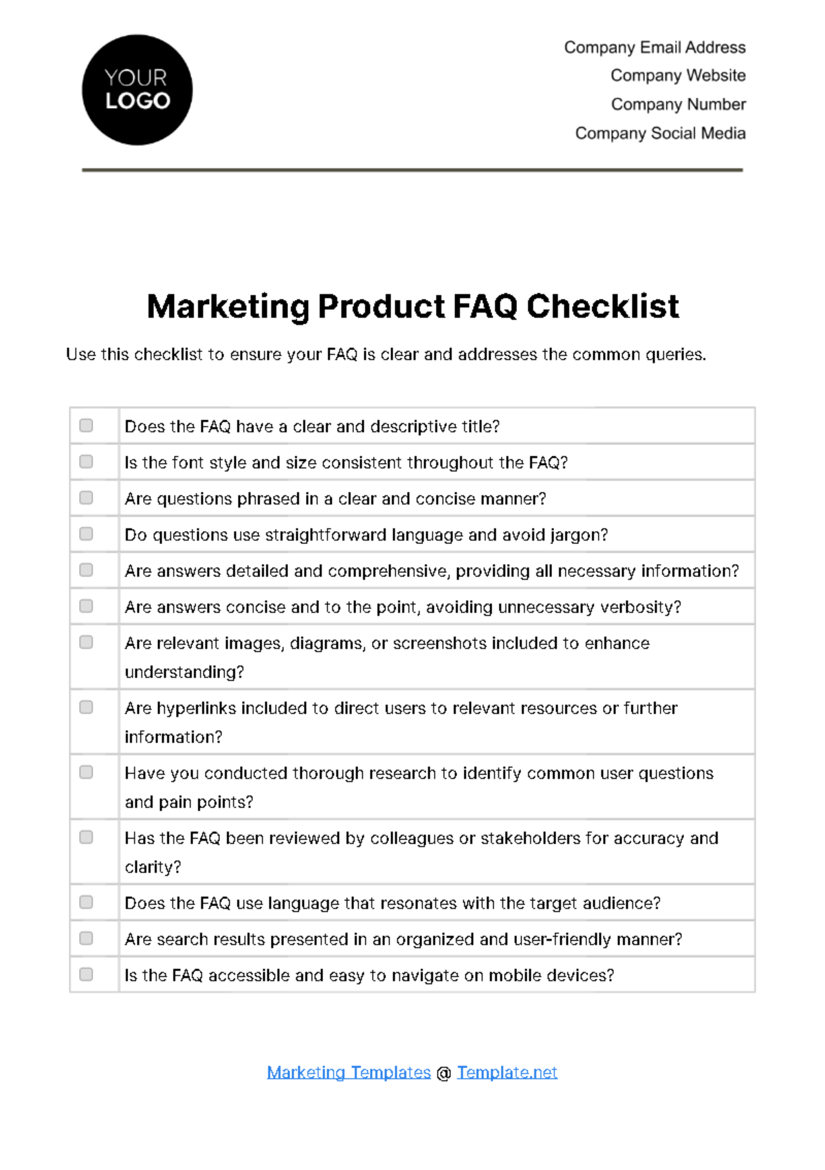 Marketing Product FAQ Checklist Template