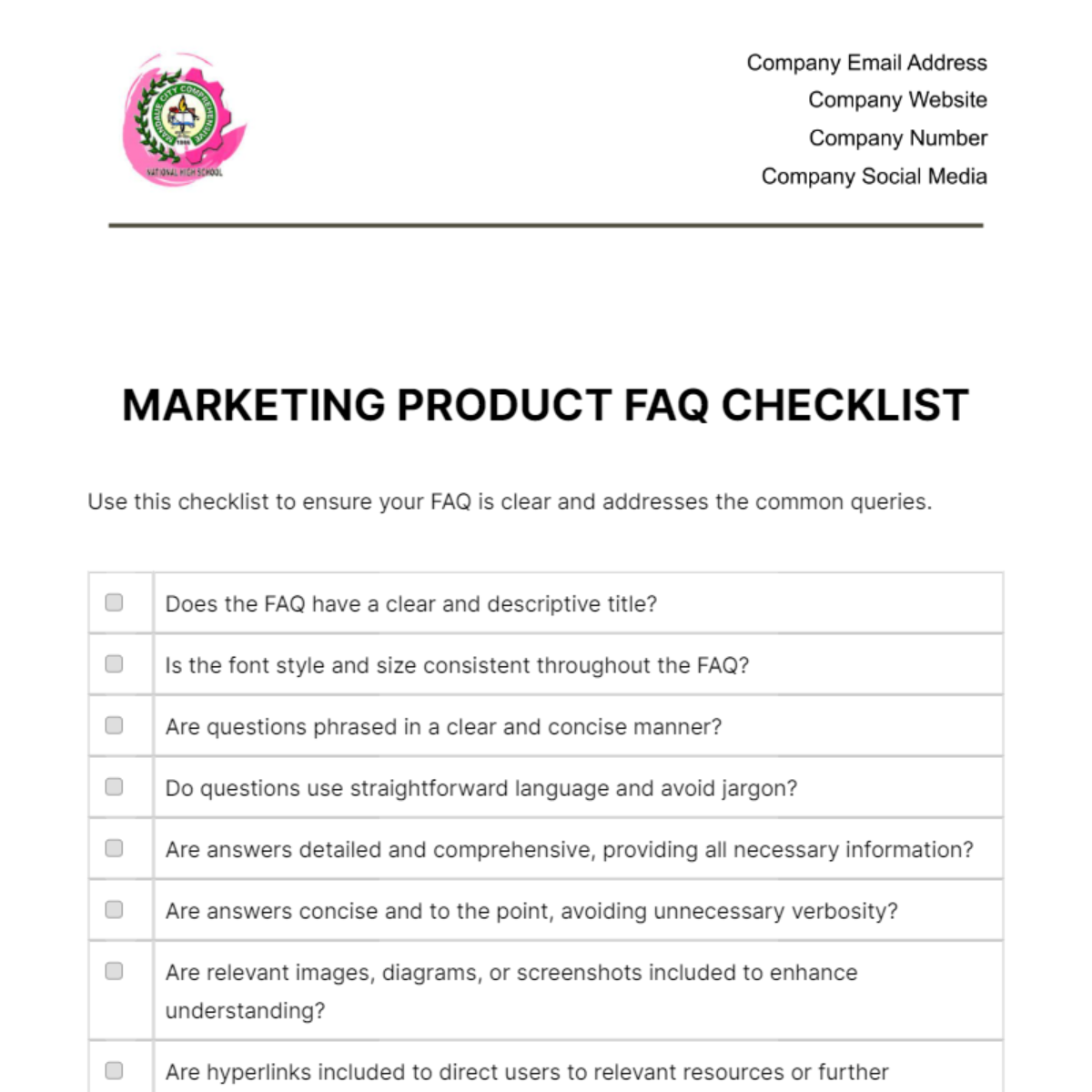 Marketing Product FAQ Checklist Template
