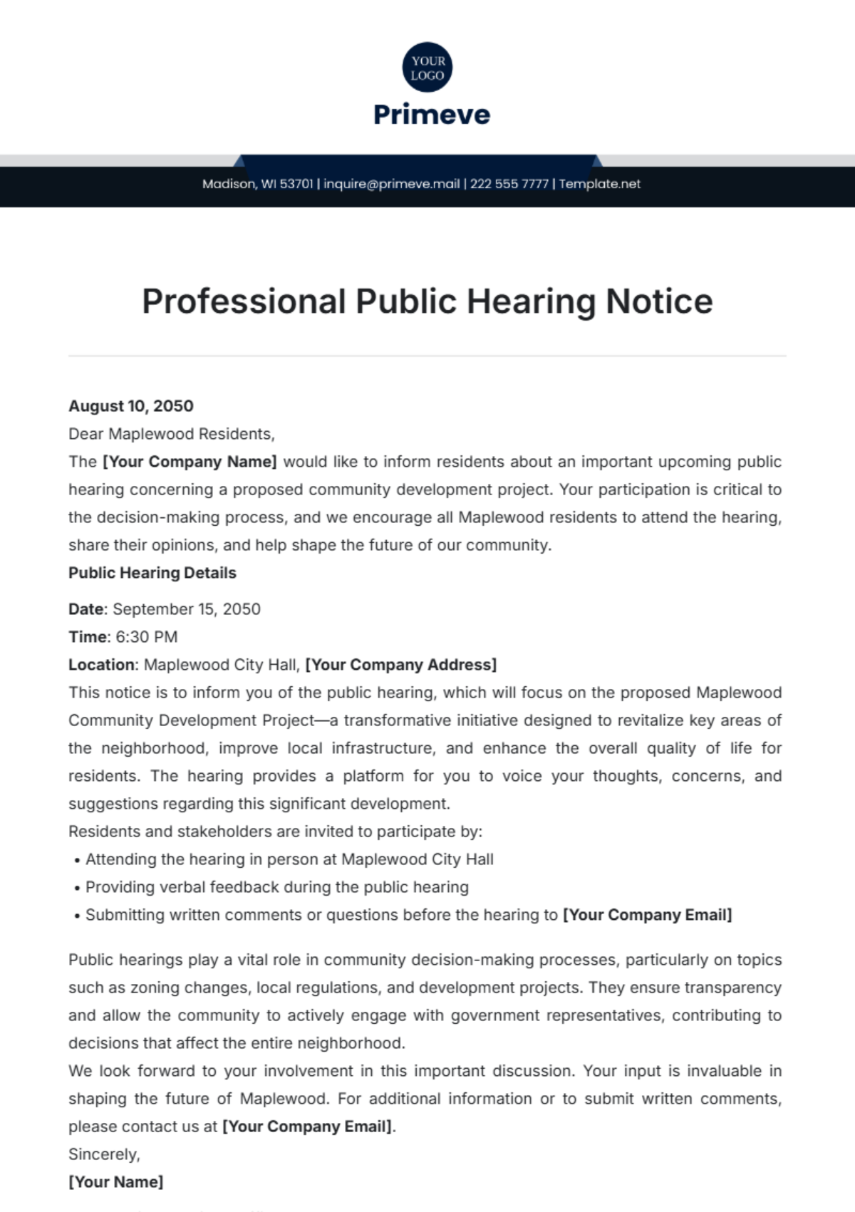 Professional Public Hearing Notice Template - Edit Online & Download