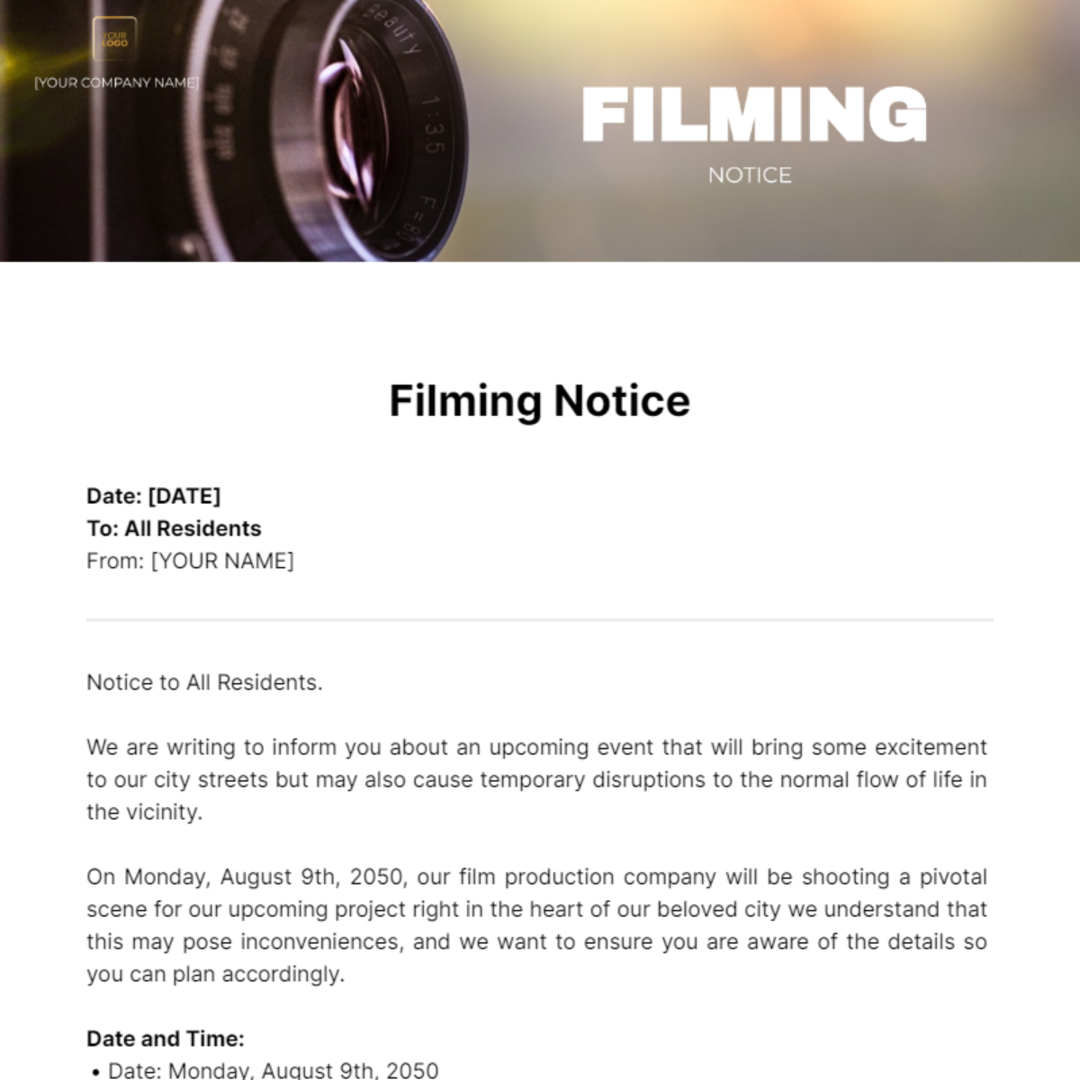 Filming Notice Template