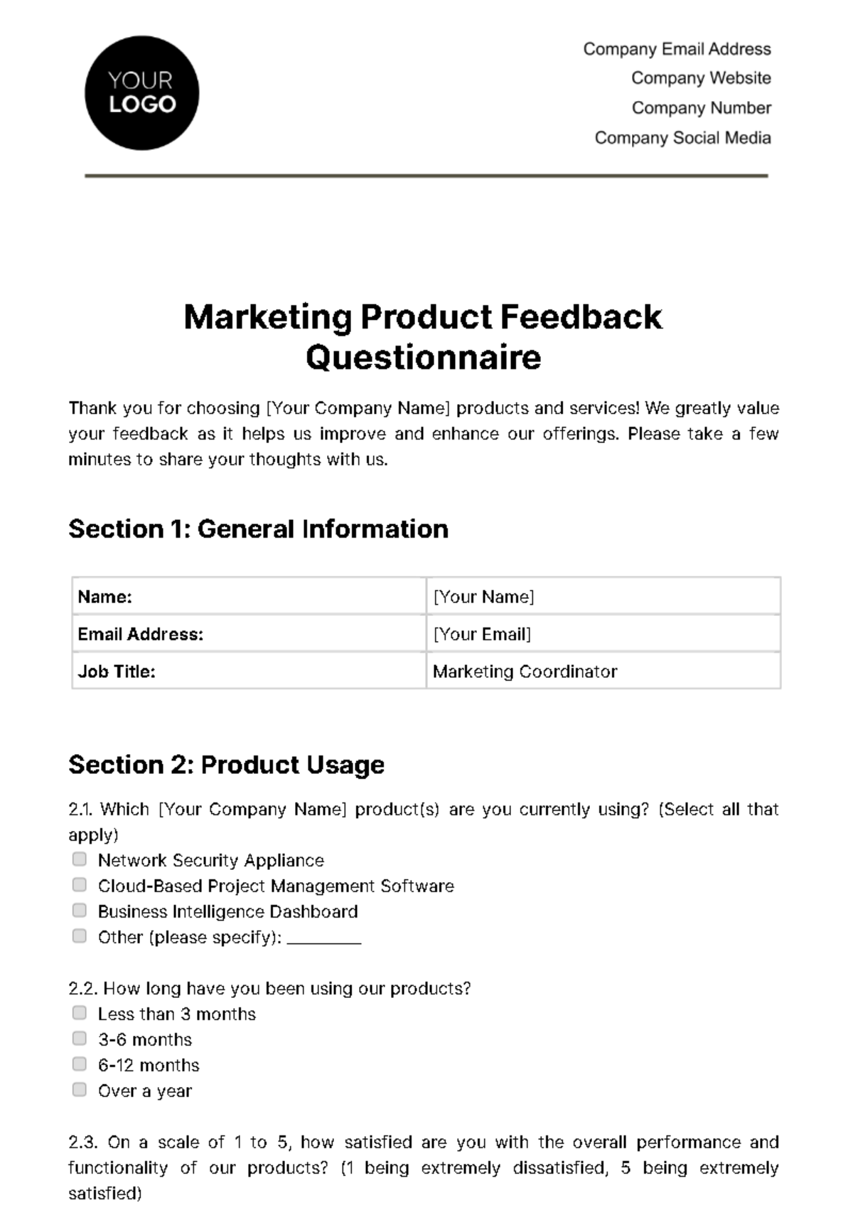 Free Marketing Product Feedback Questionnaire Template