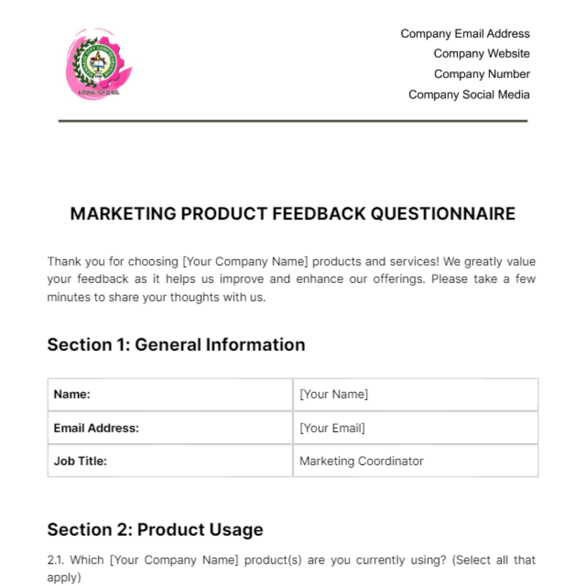 Marketing Product Feedback Questionnaire Template