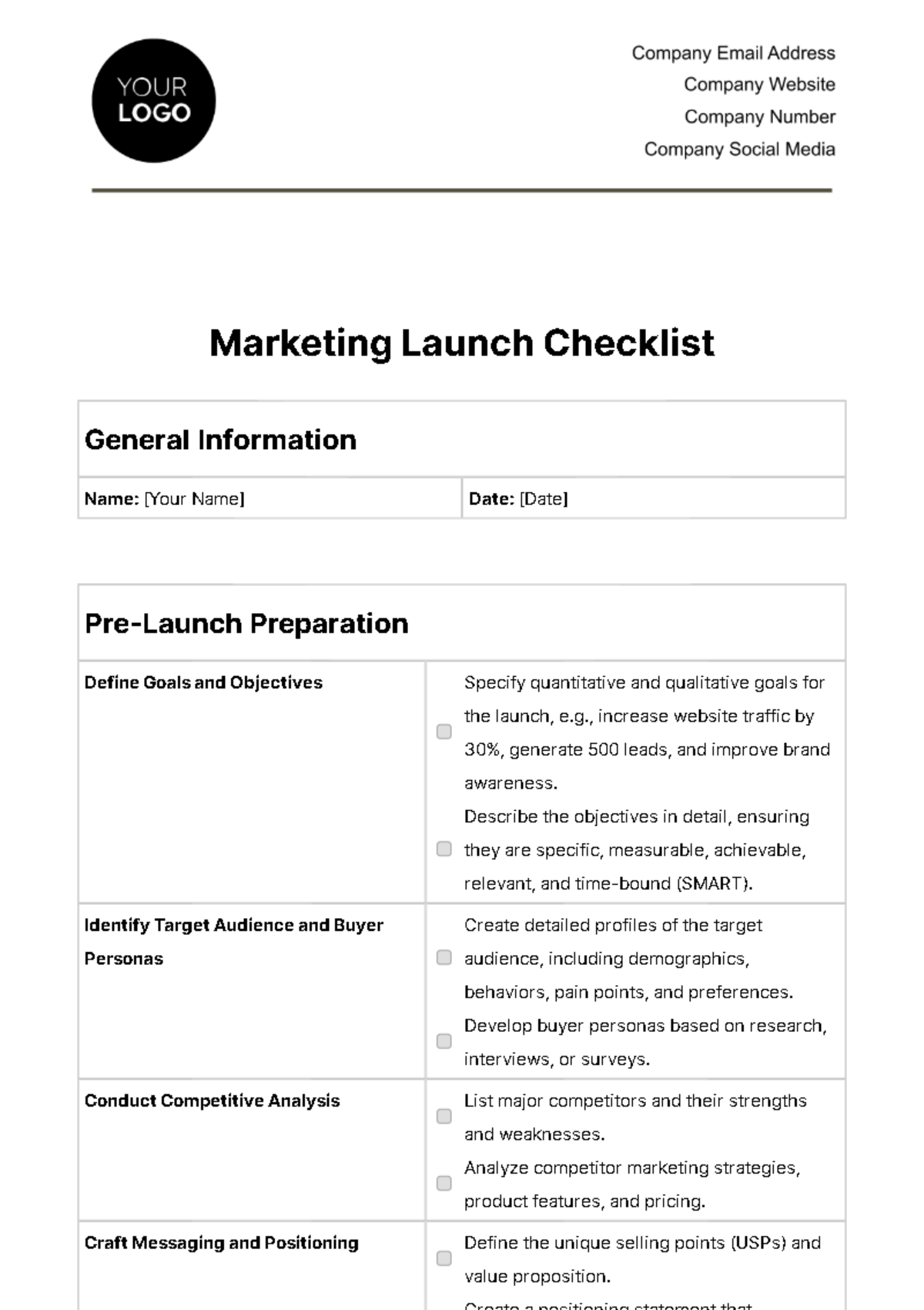 Free Marketing Launch Checklist Template