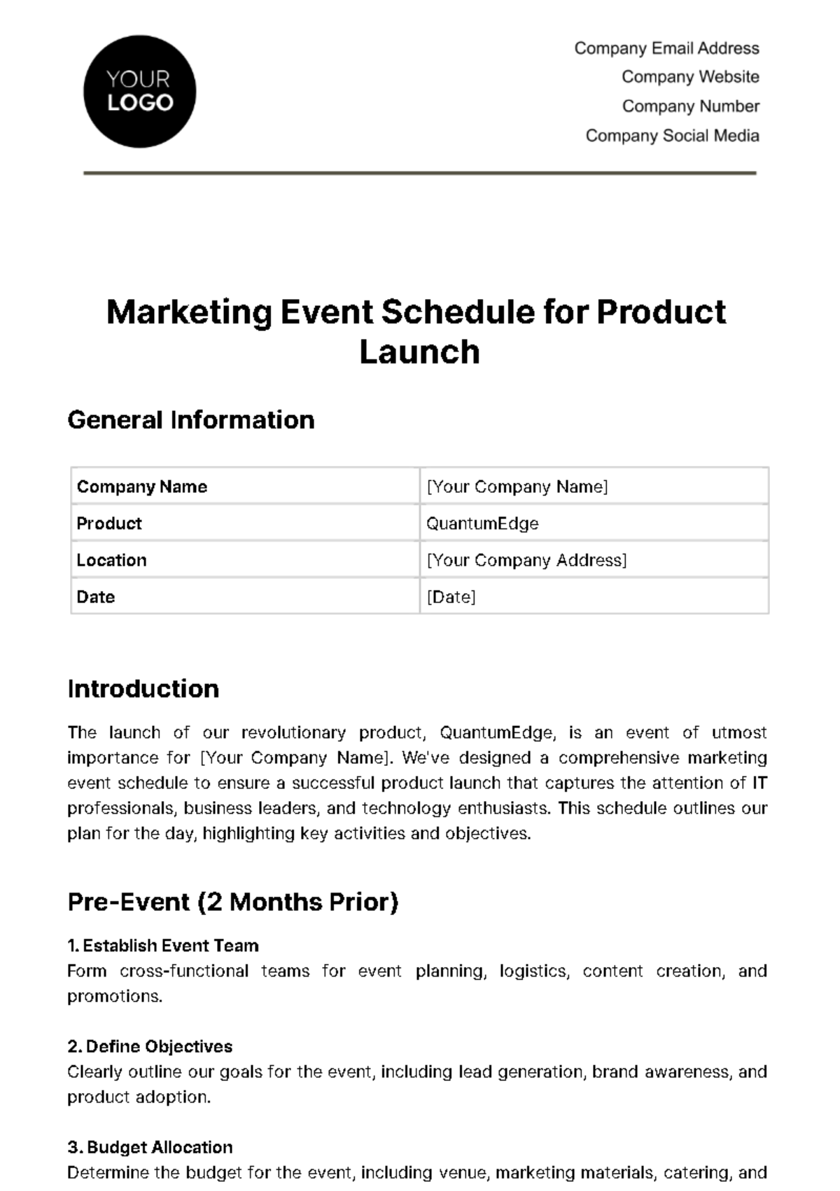 Marketing Event Schedule for Product Launch Template