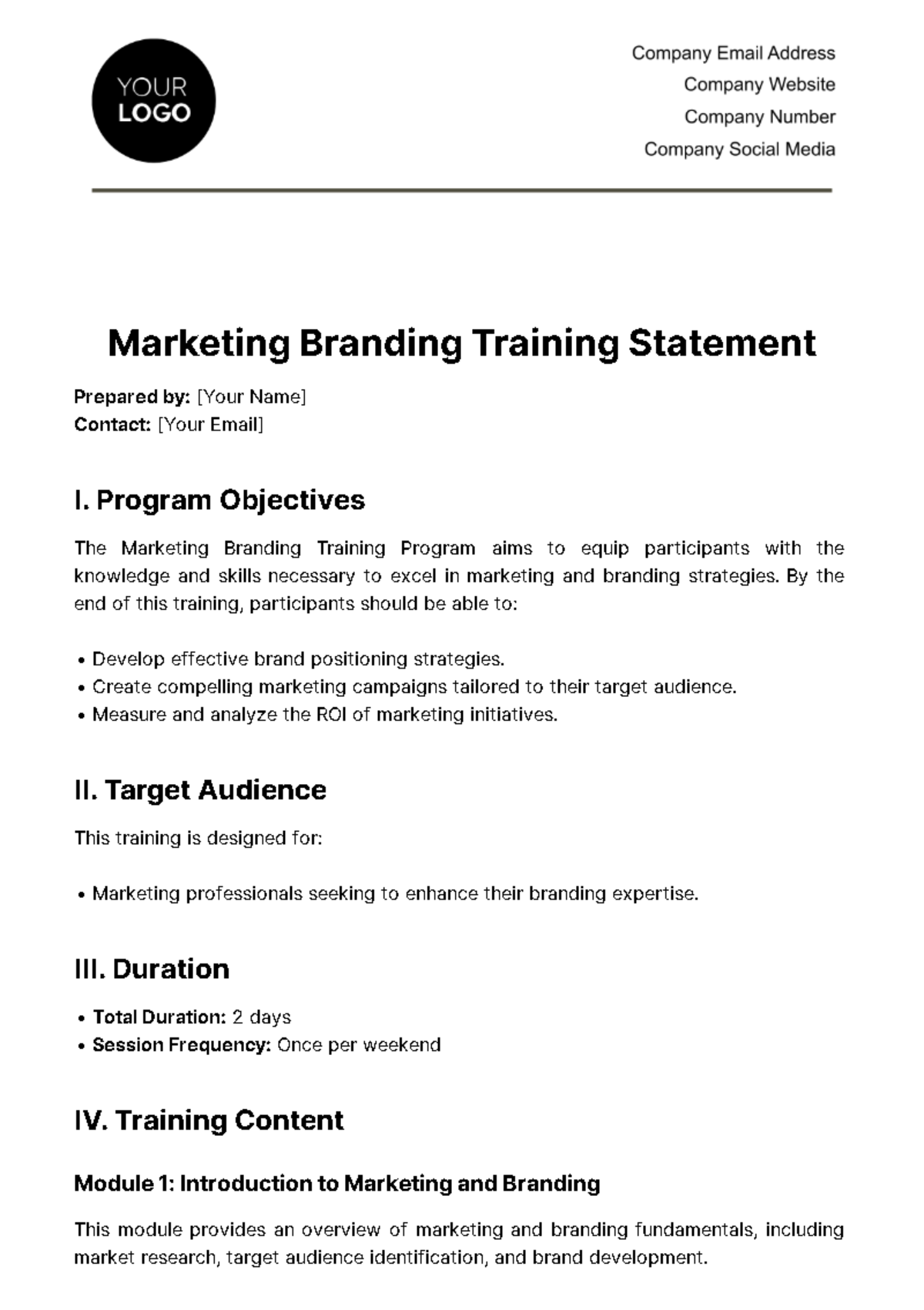 Free Marketing Branding Training Statement Template