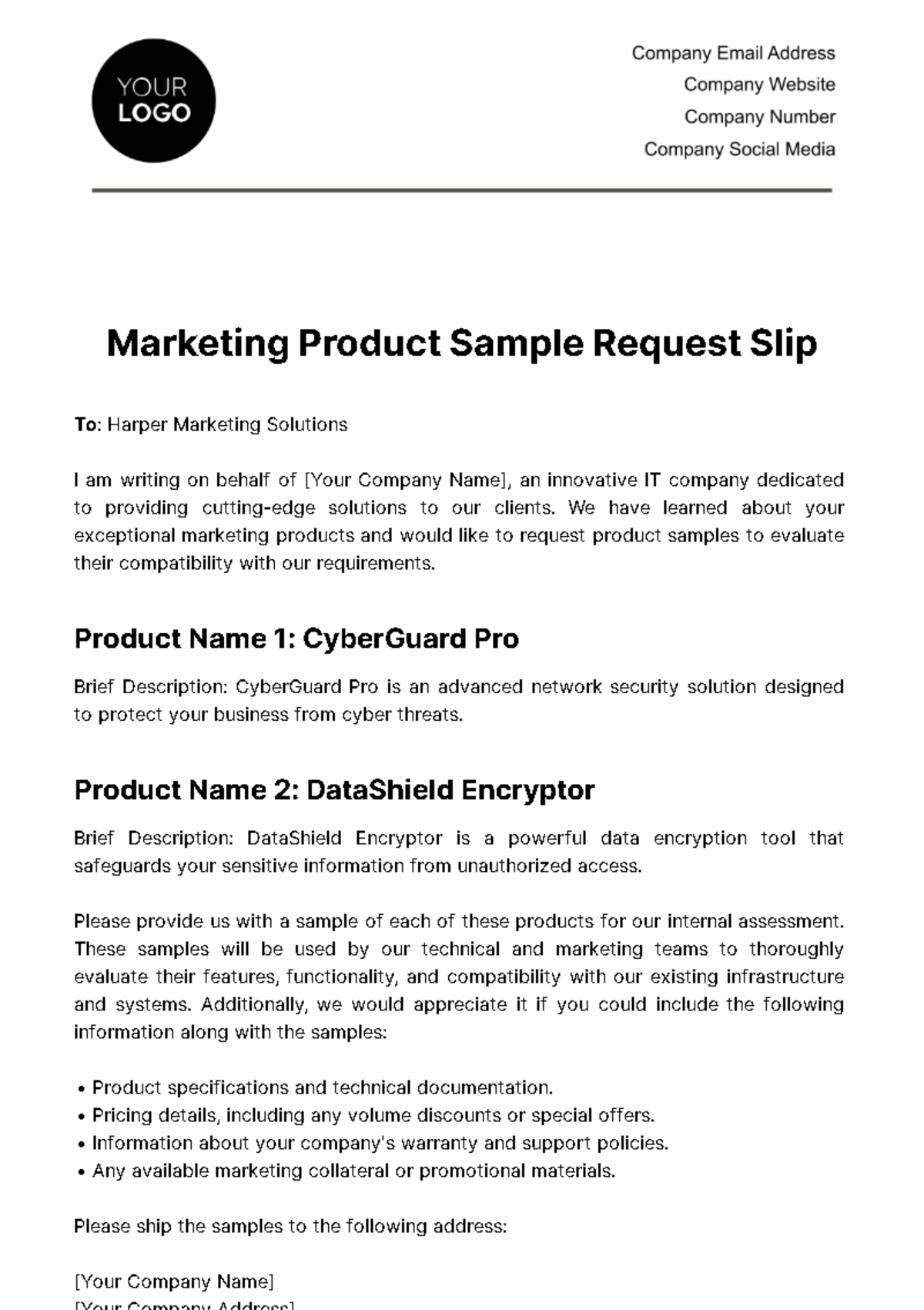 Free Marketing Product Sample Request Slip Template