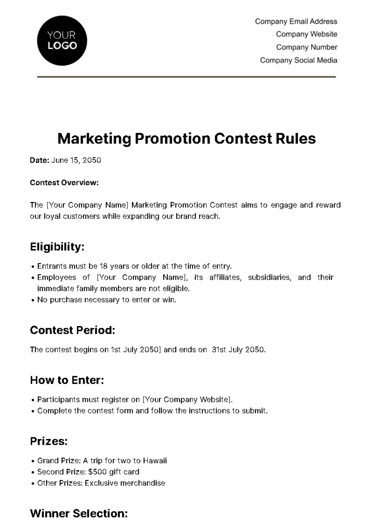 Free Marketing Promotion Contest Rules Template