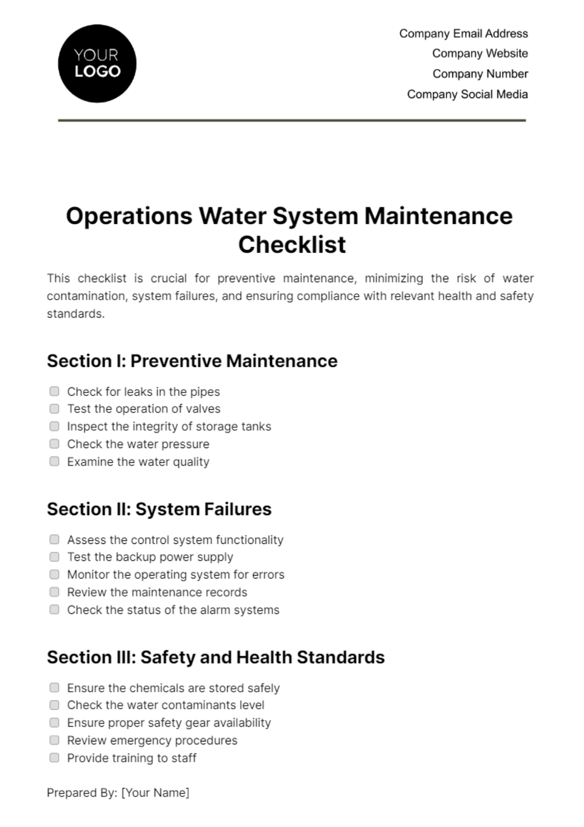 Free Operations Water System Maintenance Checklist Template