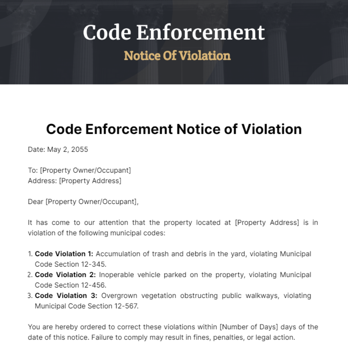 Code Enforcement Notice Of Violation Template