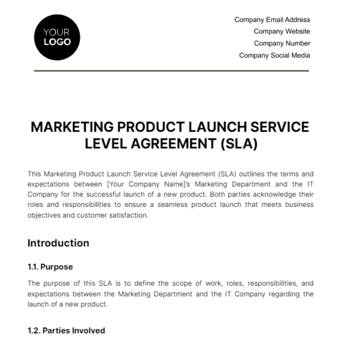 Marketing Product Launch SLA Template