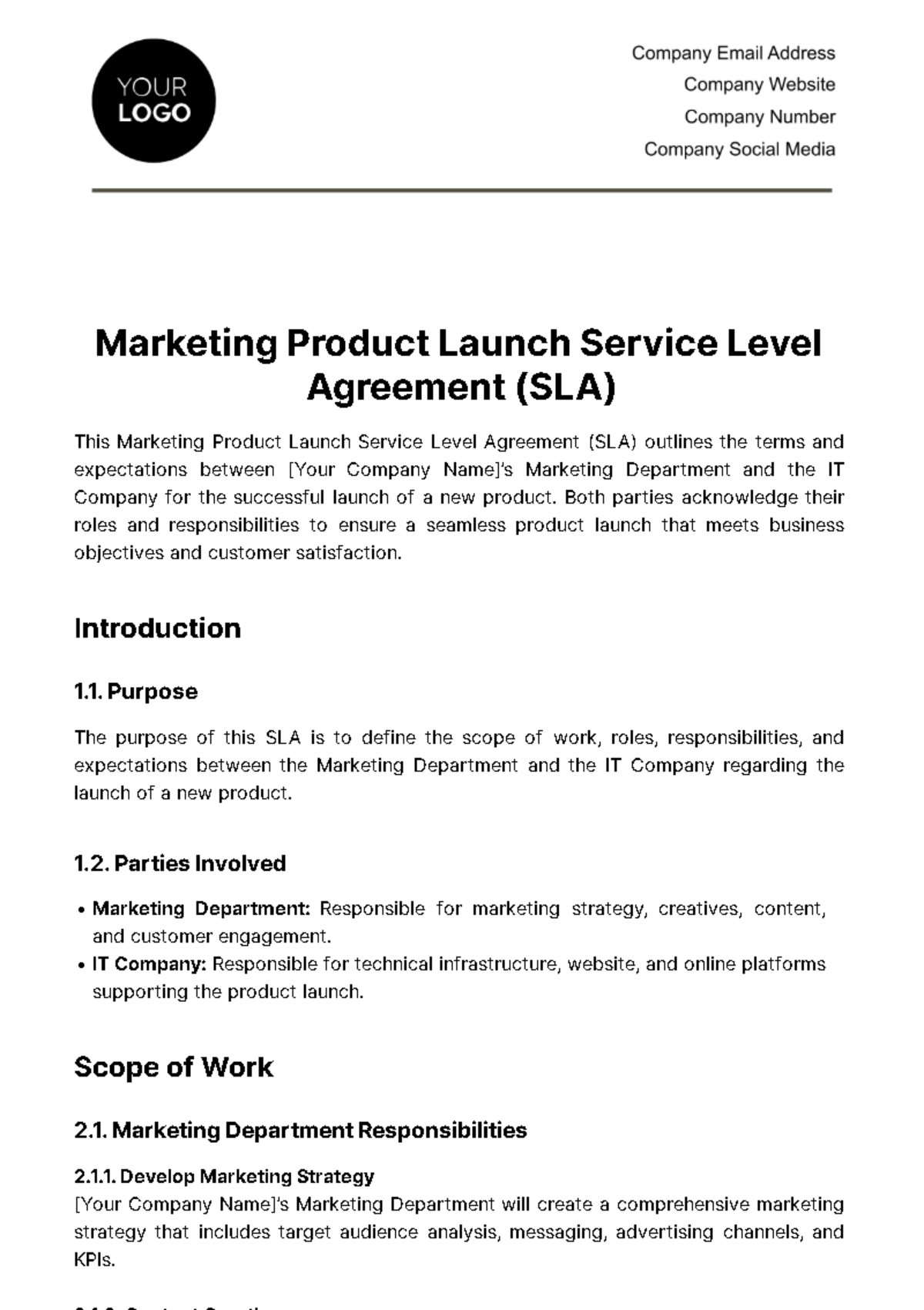Free Marketing Product Launch SLA Template