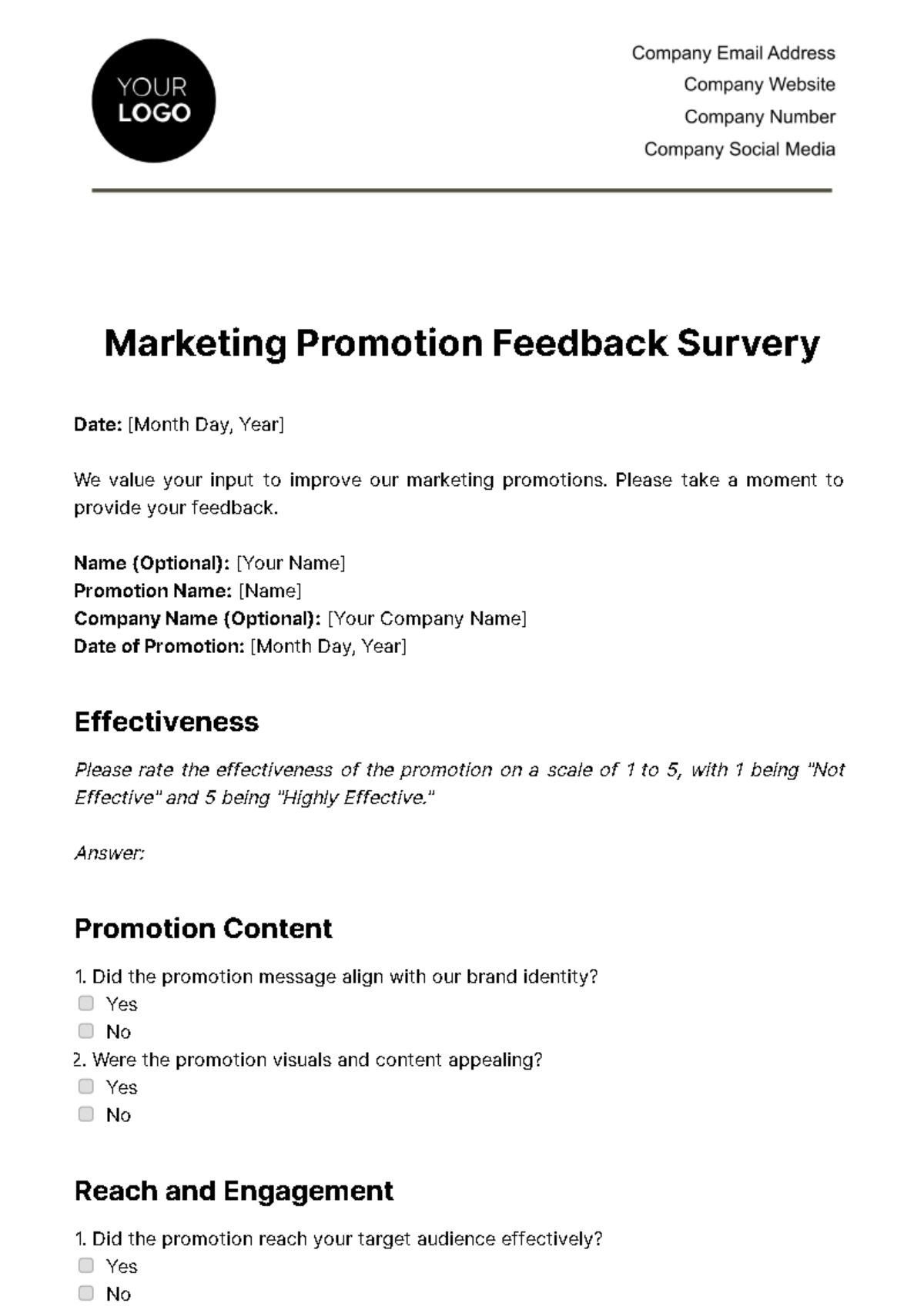 Free Marketing Promotion Feedback Survey Template