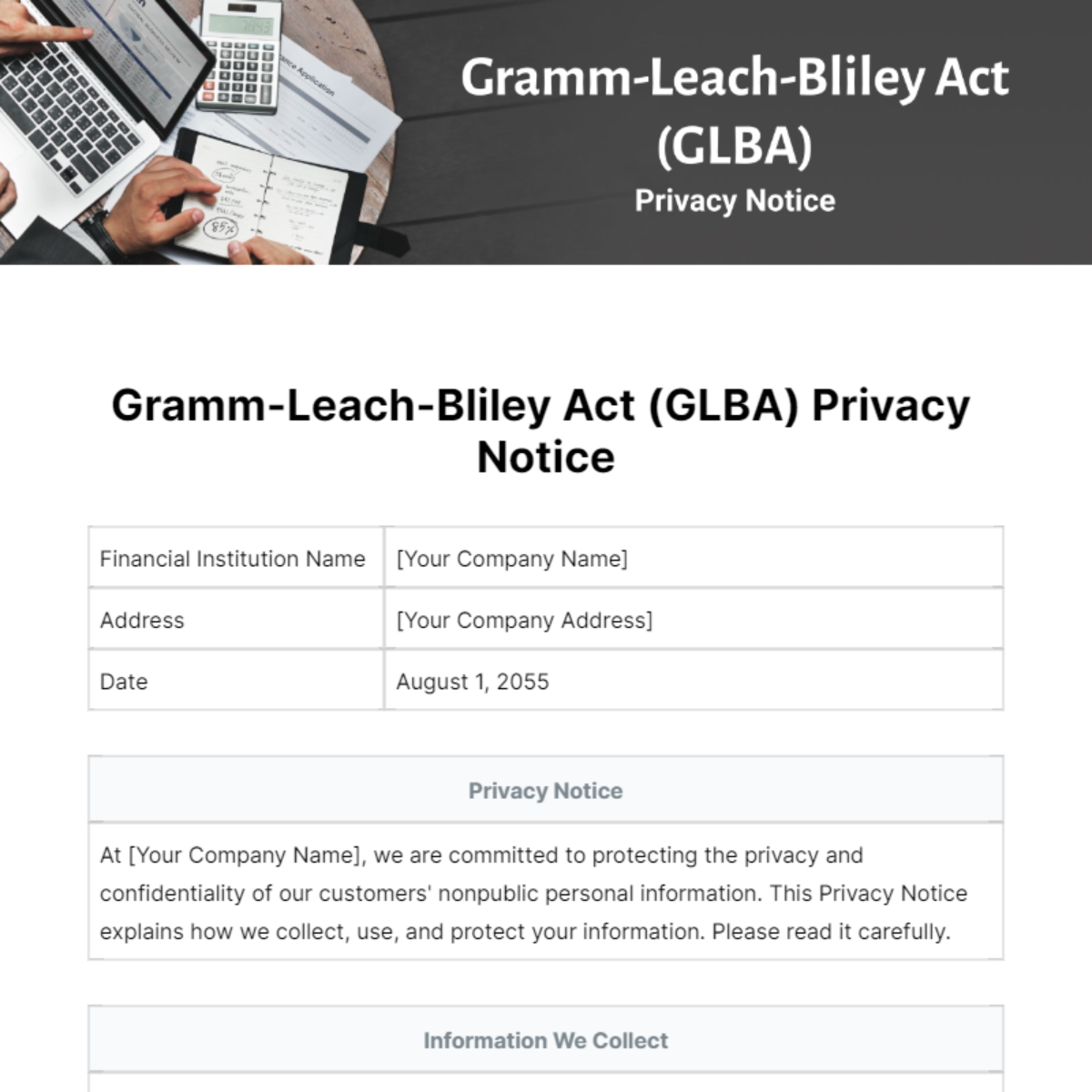 Gramm-Leach-Bliley Act (GLBA) Privacy Notice Template