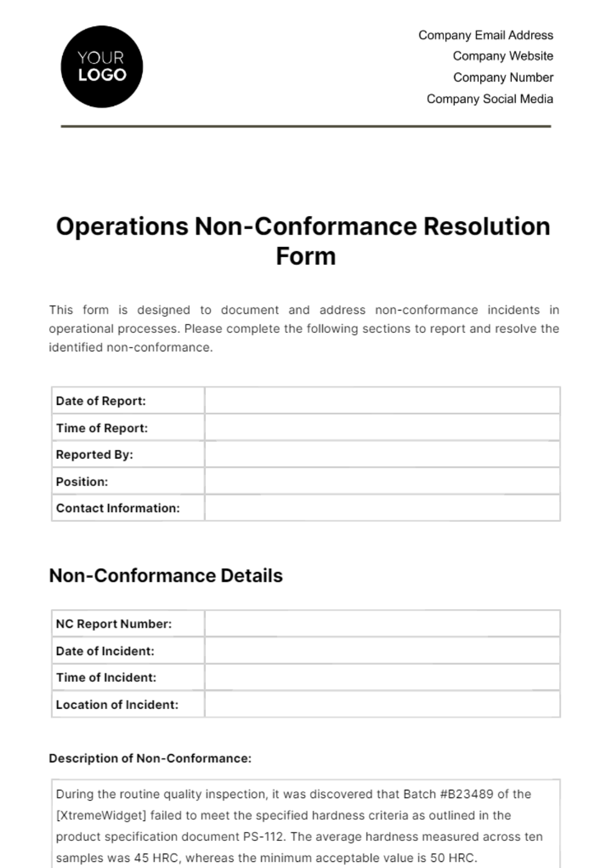 Free Operations Non-Conformance Resolution Form Template