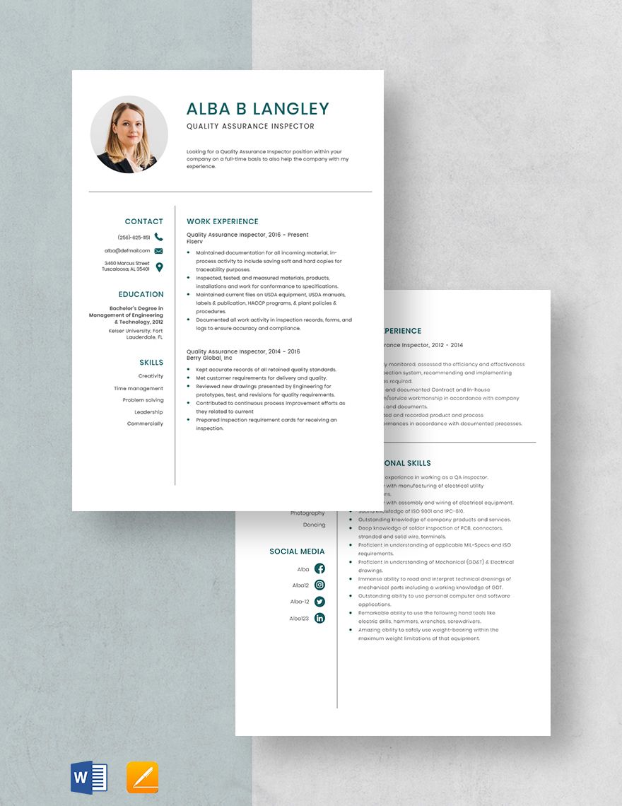 Free Quality Assurance Inspector Resume Template - Word, Apple Pages ...