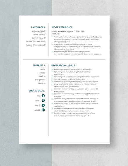 Quality Assurance Inspector Resume Template