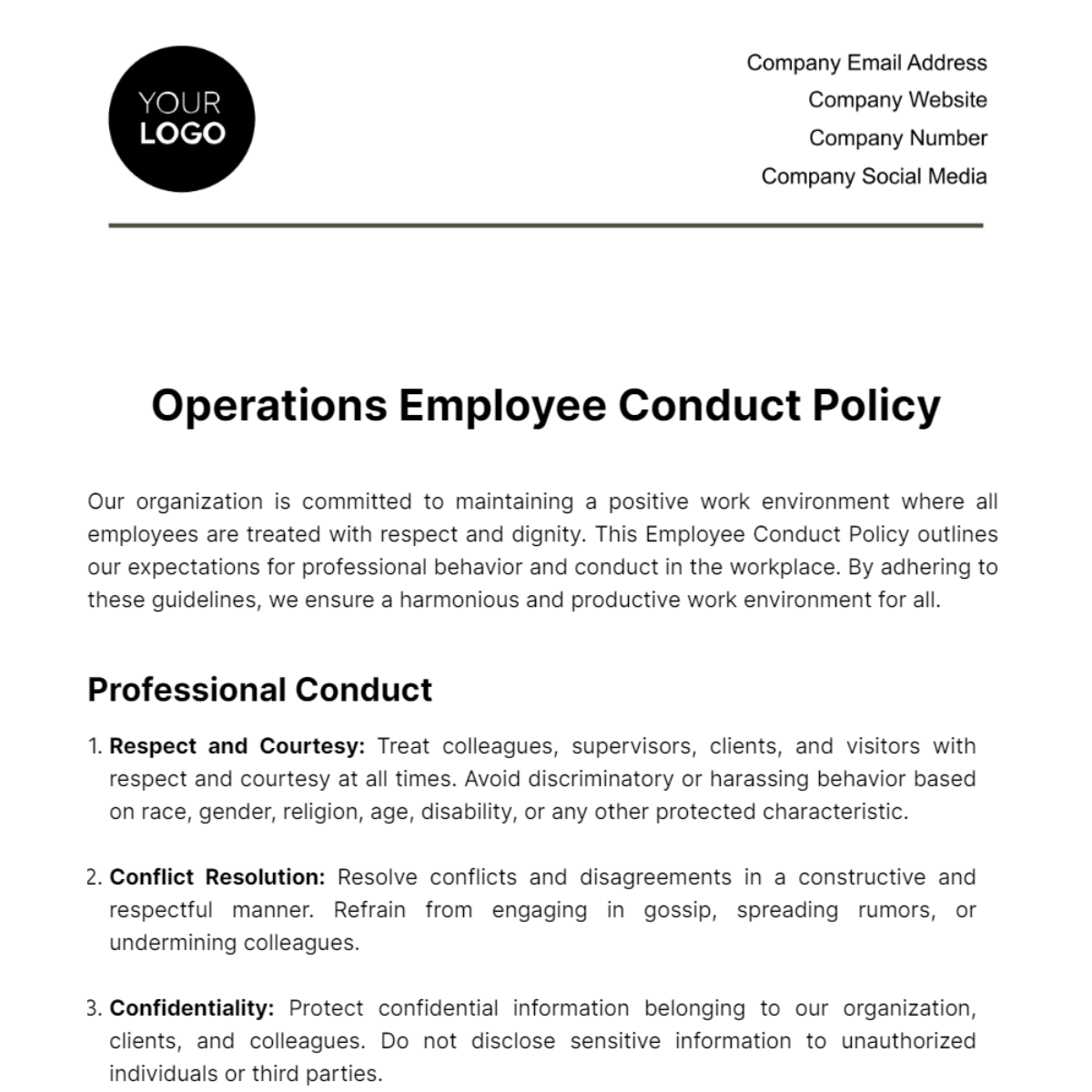 Operations Employee Conduct Policy Template - Edit Online & Download