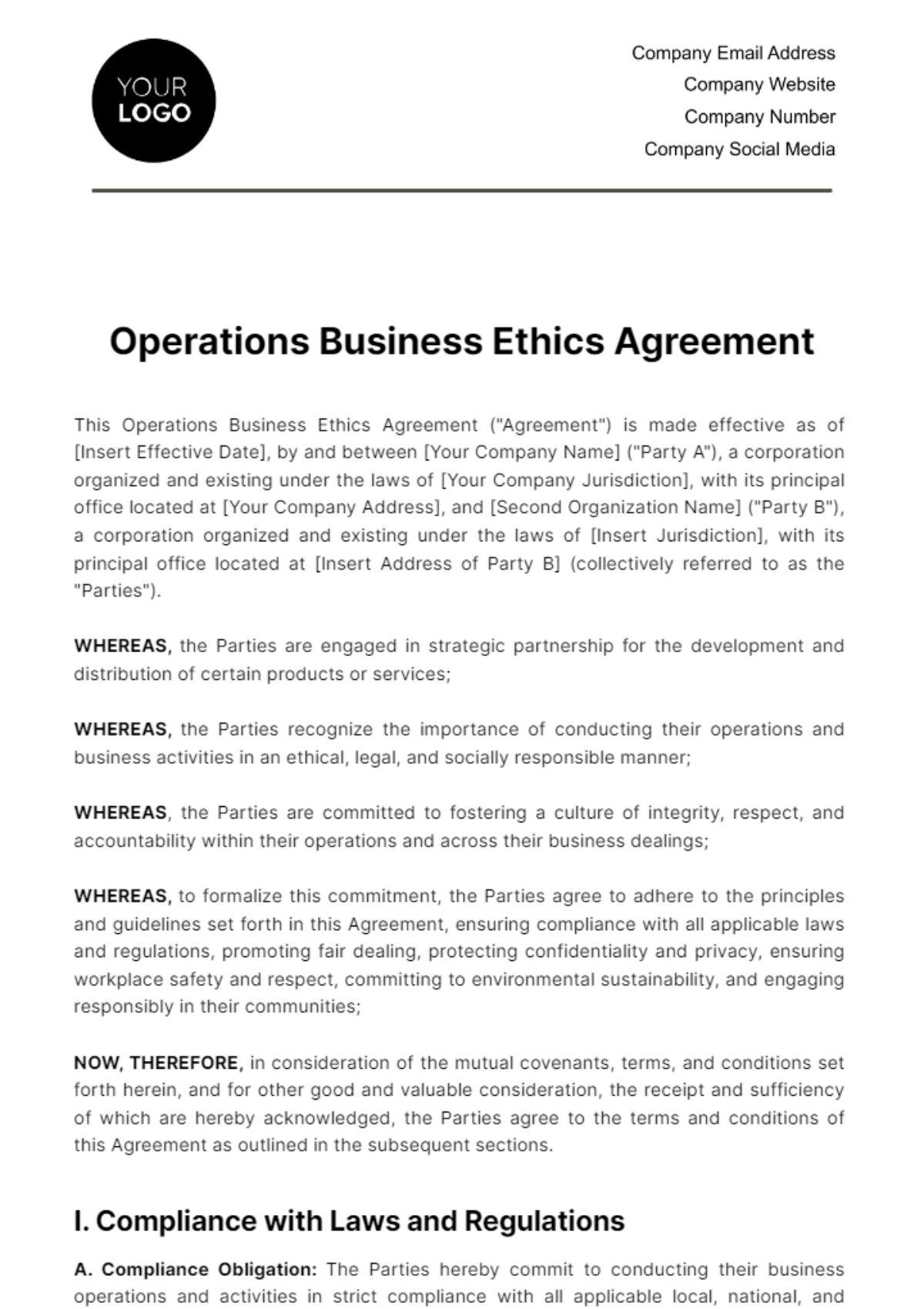 Free Operations Business Ethics Agreement Template