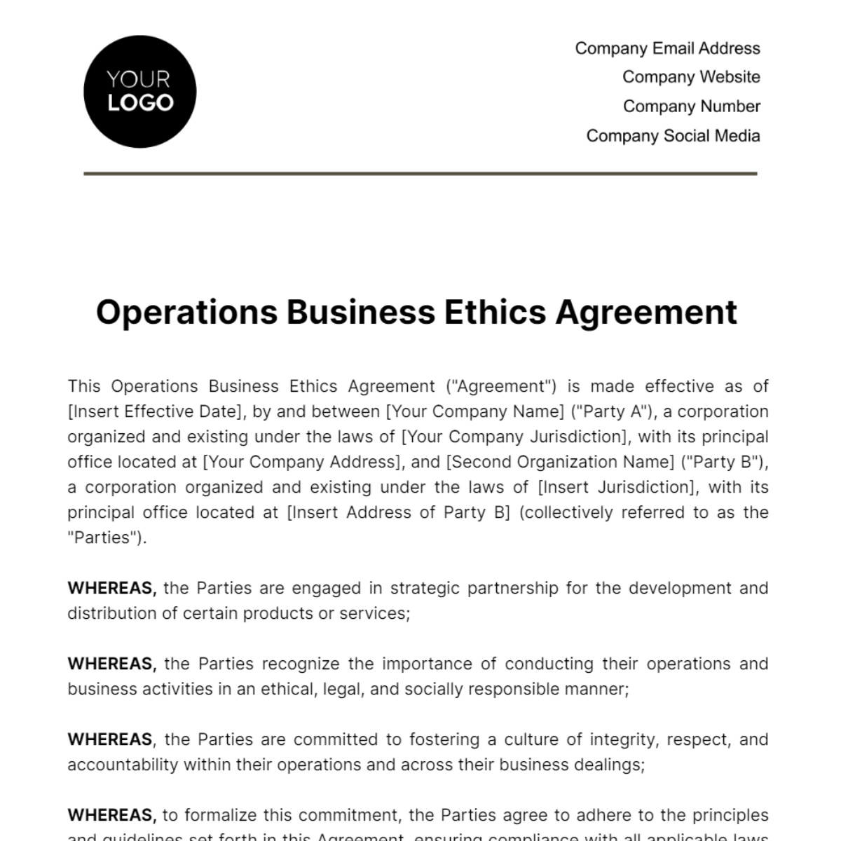 Operations Business Ethics Agreement Template - Edit Online & Download