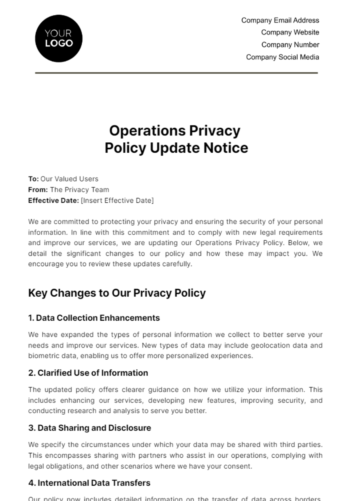 Free Operations Privacy Policy Update Notice Template