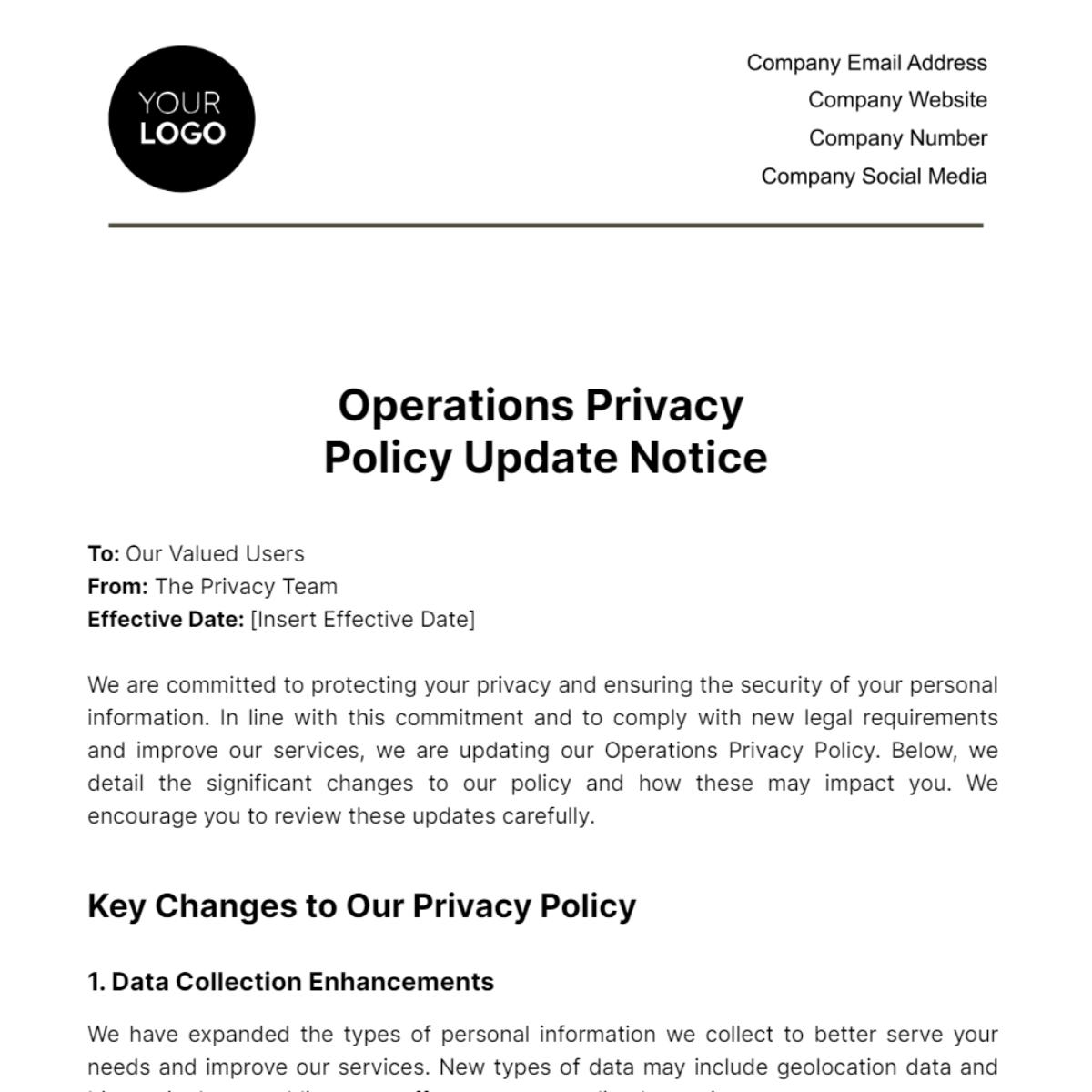 Operations Privacy Policy Update Notice Template - Edit Online ...