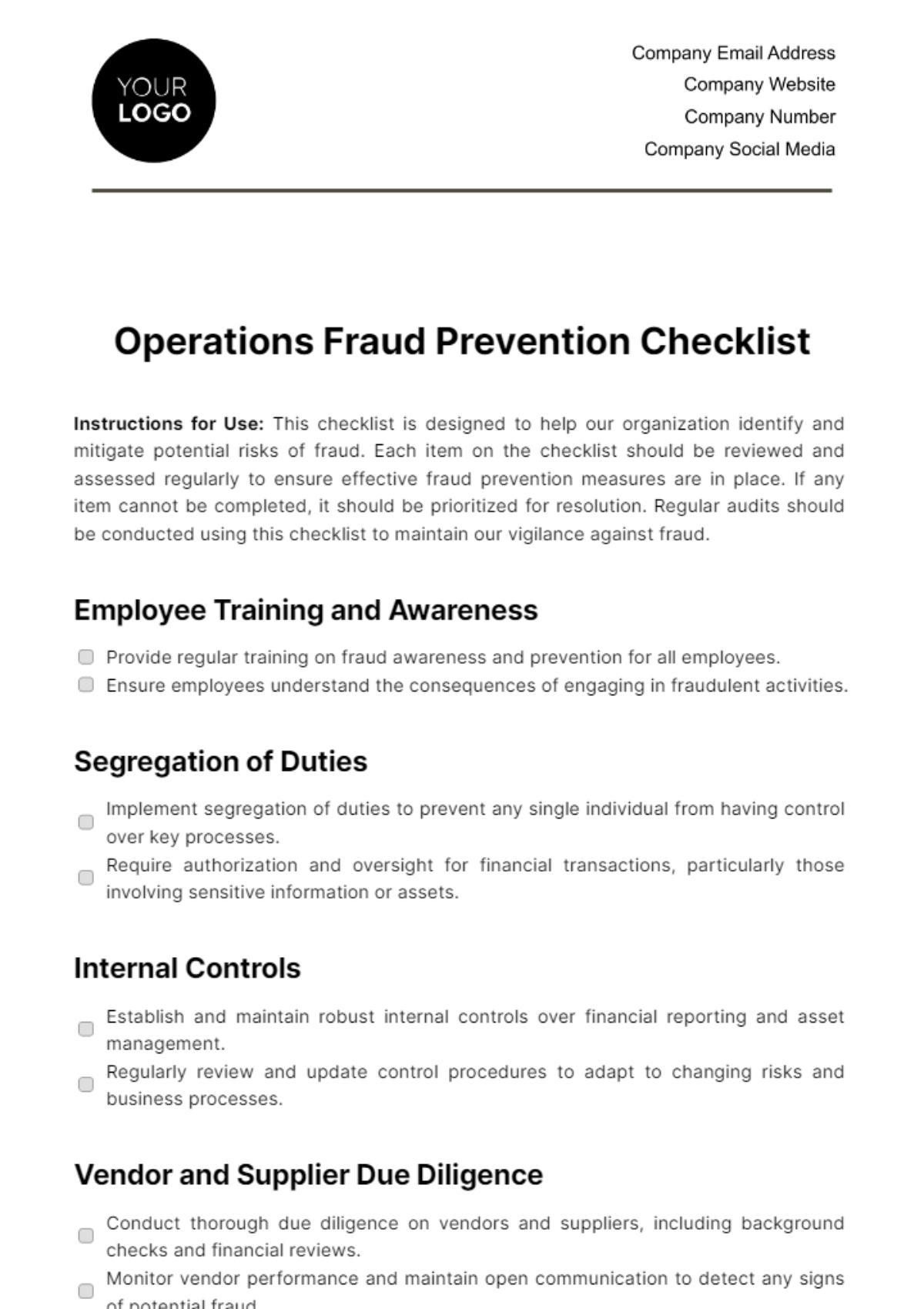 Operations Fraud Prevention Checklist Template