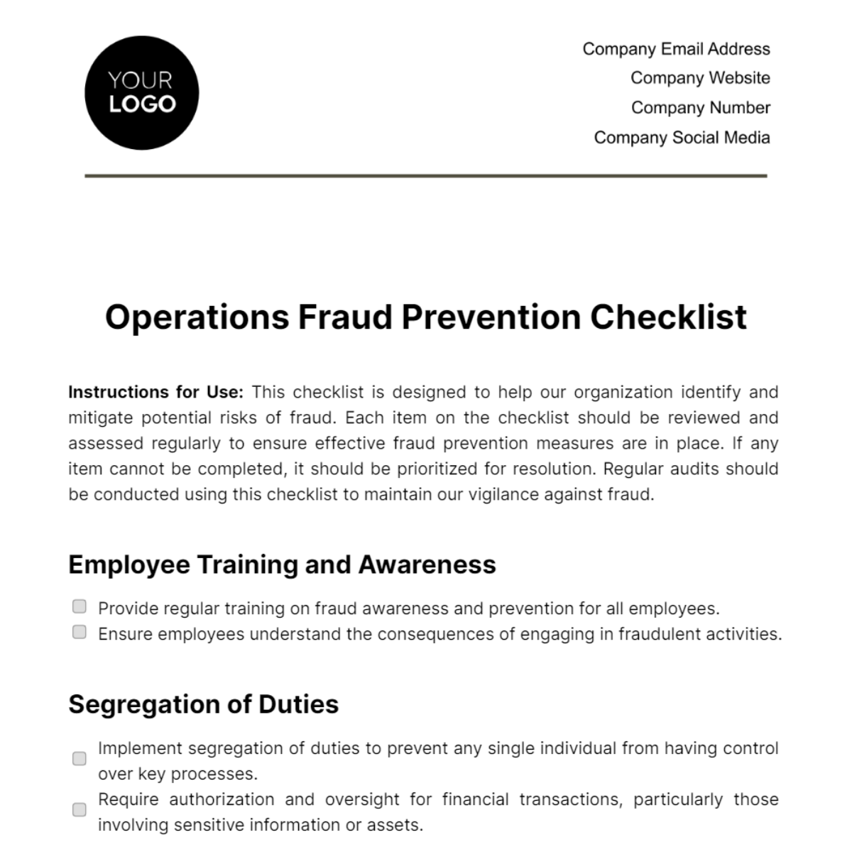 Operations Fraud Prevention Checklist Template - Edit Online & Download