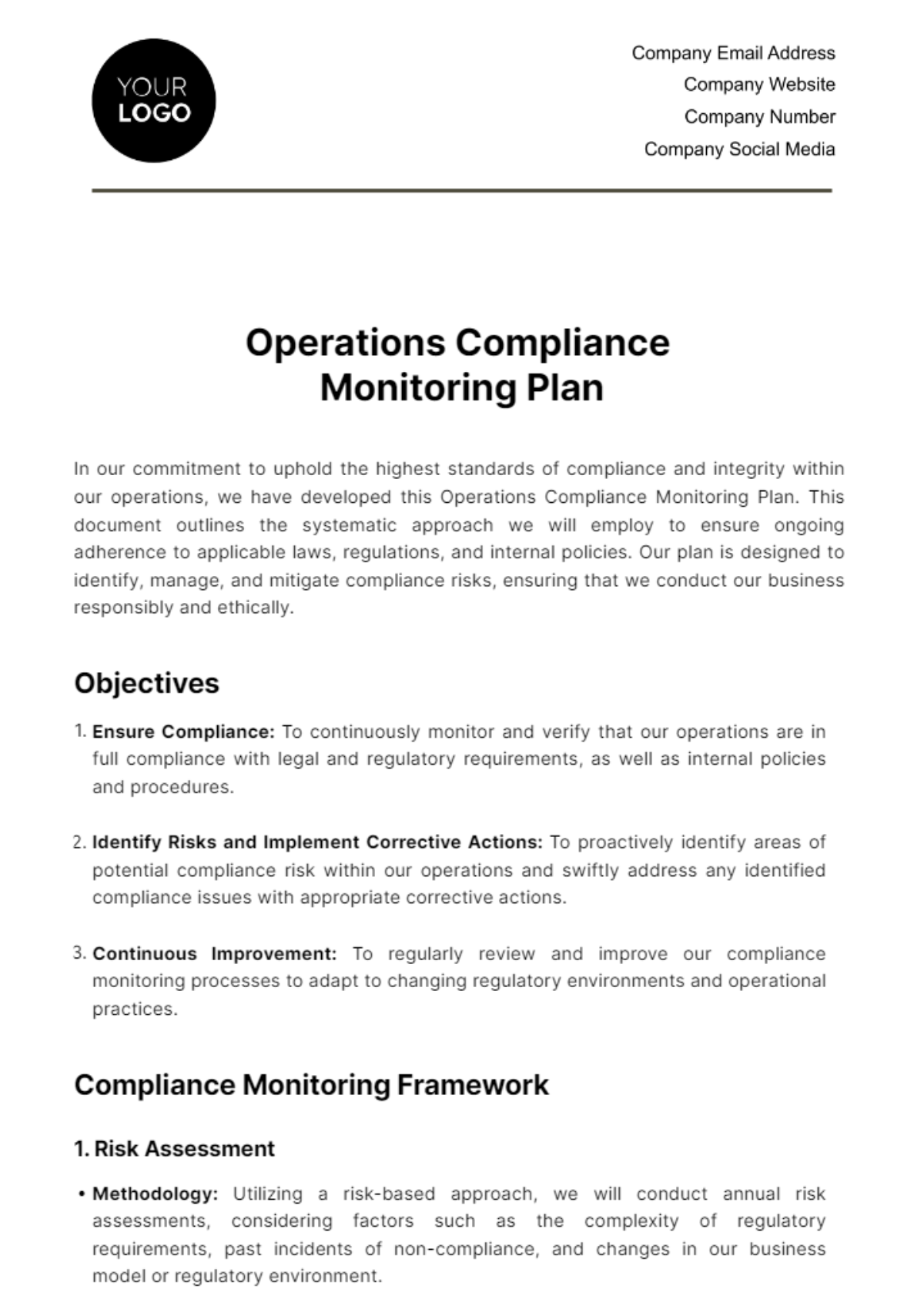 Free Operations Compliance Monitoring Plan Template