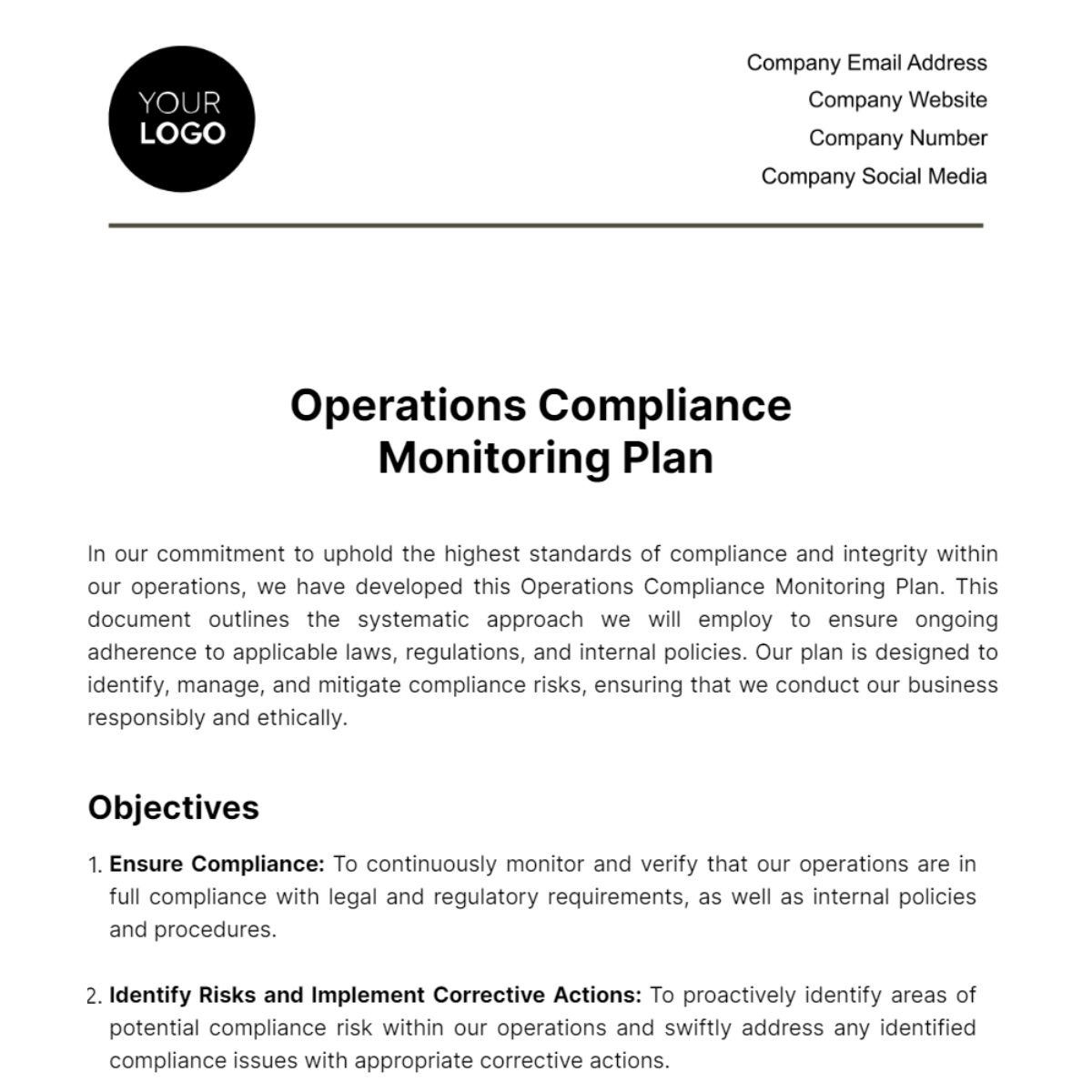 Operations Compliance Monitoring Plan Template - Edit Online & Download