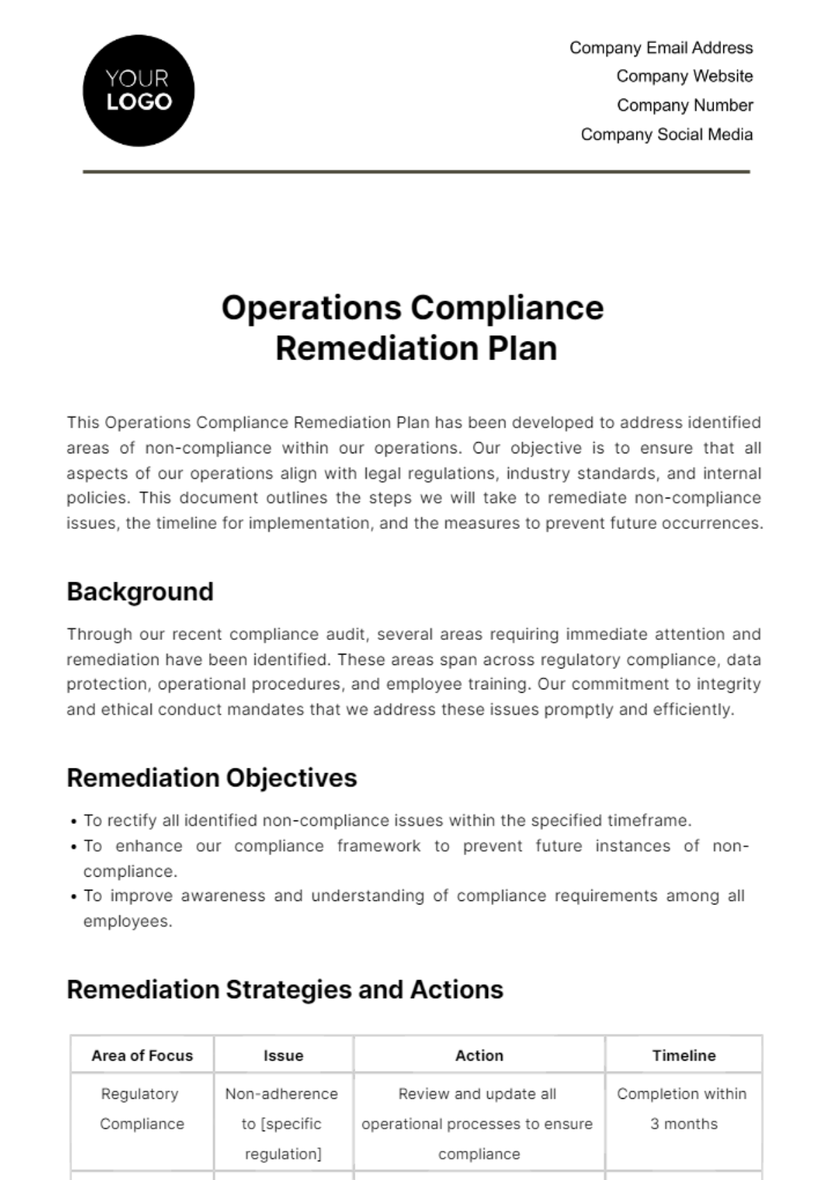 Free Operations Compliance Remediation Plan Template