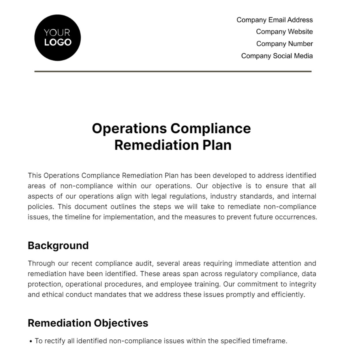 Operations Compliance Remediation Plan Template - Edit Online & Download