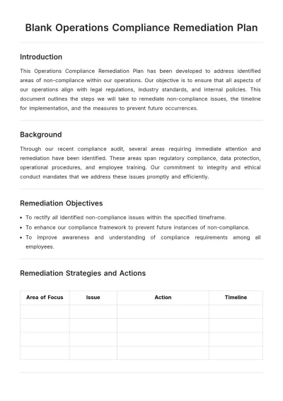 Free Blank Operations Compliance Remediation Plan Template to Edit Online