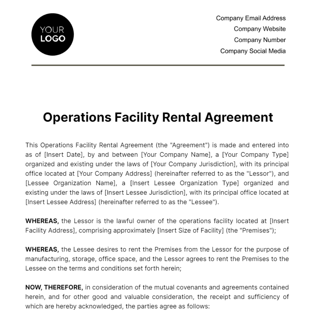 Operations Facility Rental Agreement Template - Edit Online & Download