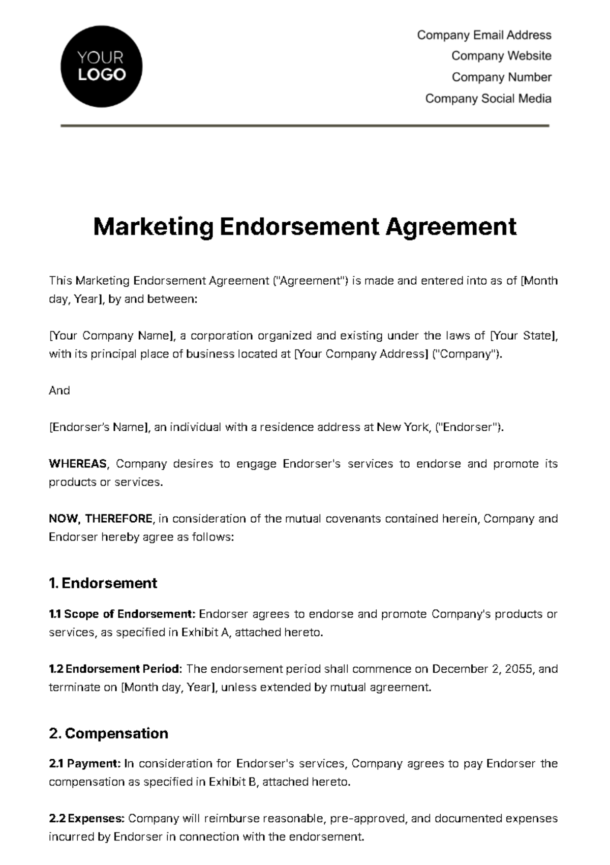 Marketing Endorsement Agreement Template