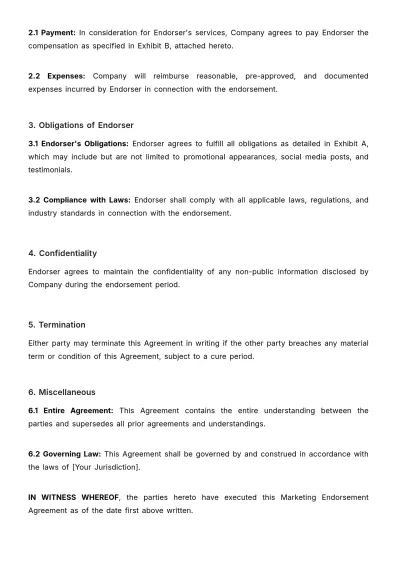 Free Marketing Endorsement Agreement Template to Edit Online