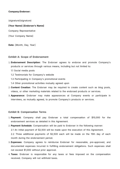 Free Marketing Endorsement Agreement Template to Edit Online