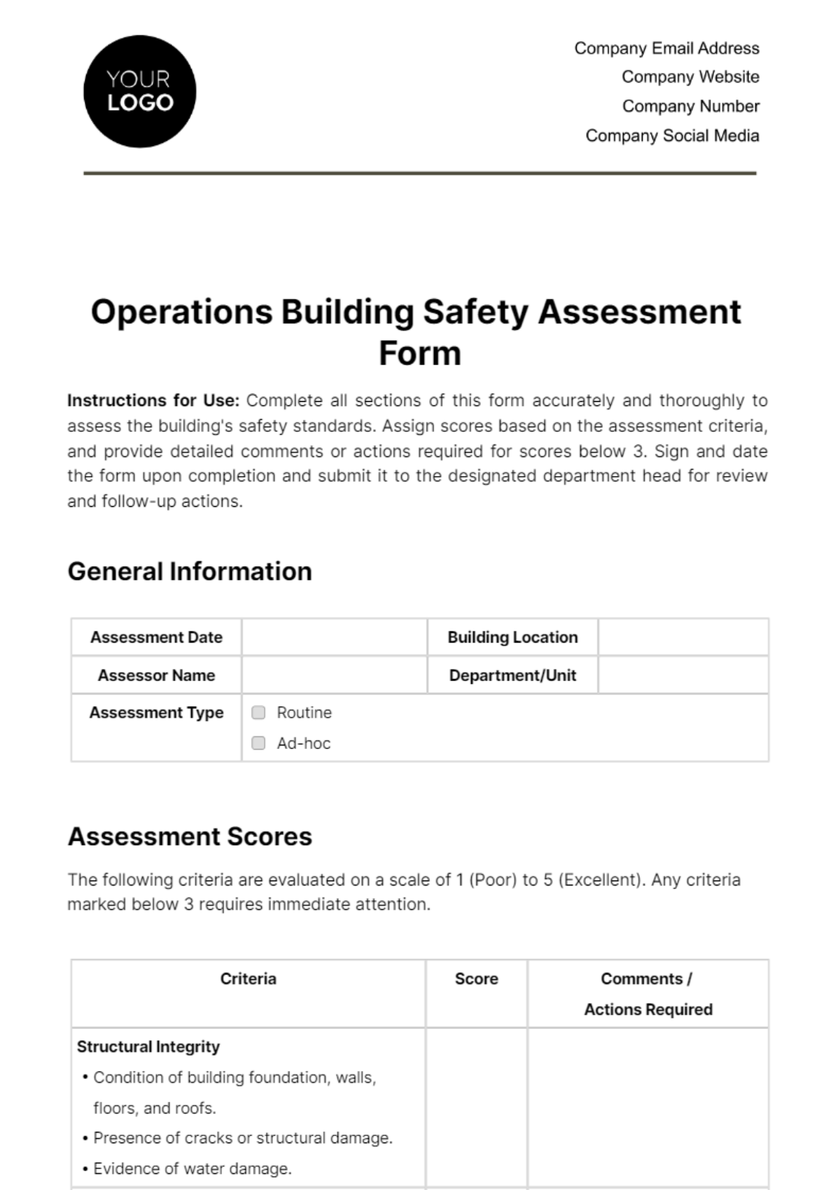 Free Operations Building Safety Assessment Form Template