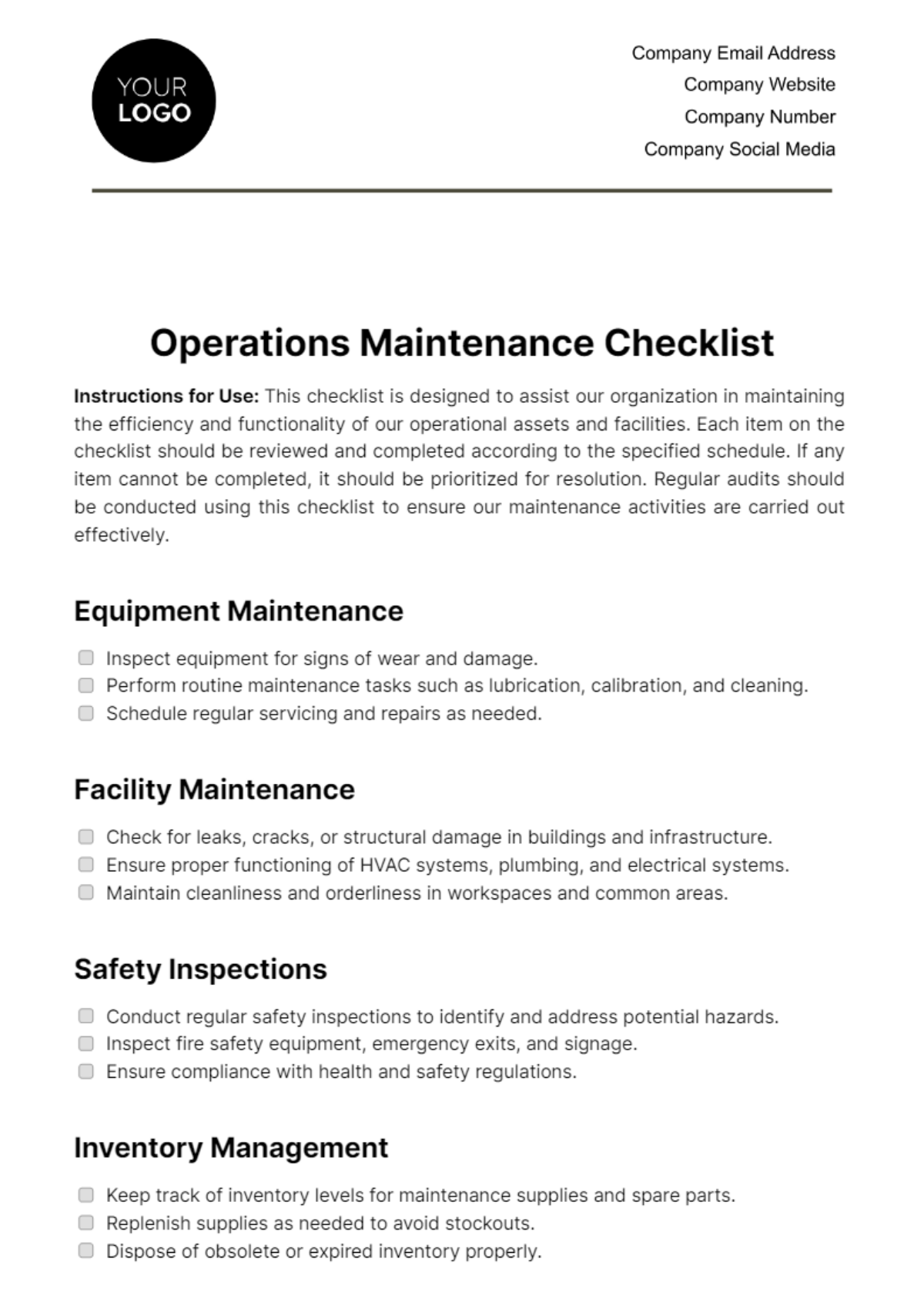 Operations Maintenance Checklist Template