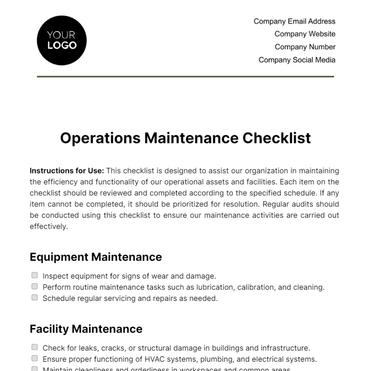 Operations Maintenance Checklist Template - Edit Online & Download