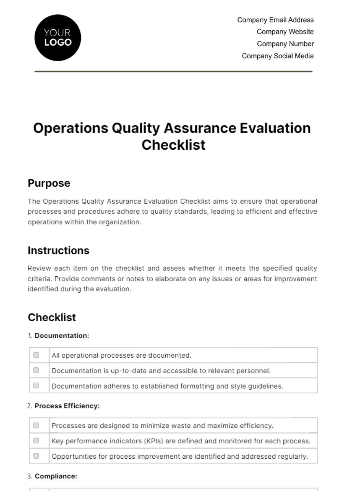 Operations Quality Assurance Evaluation Checklist Template