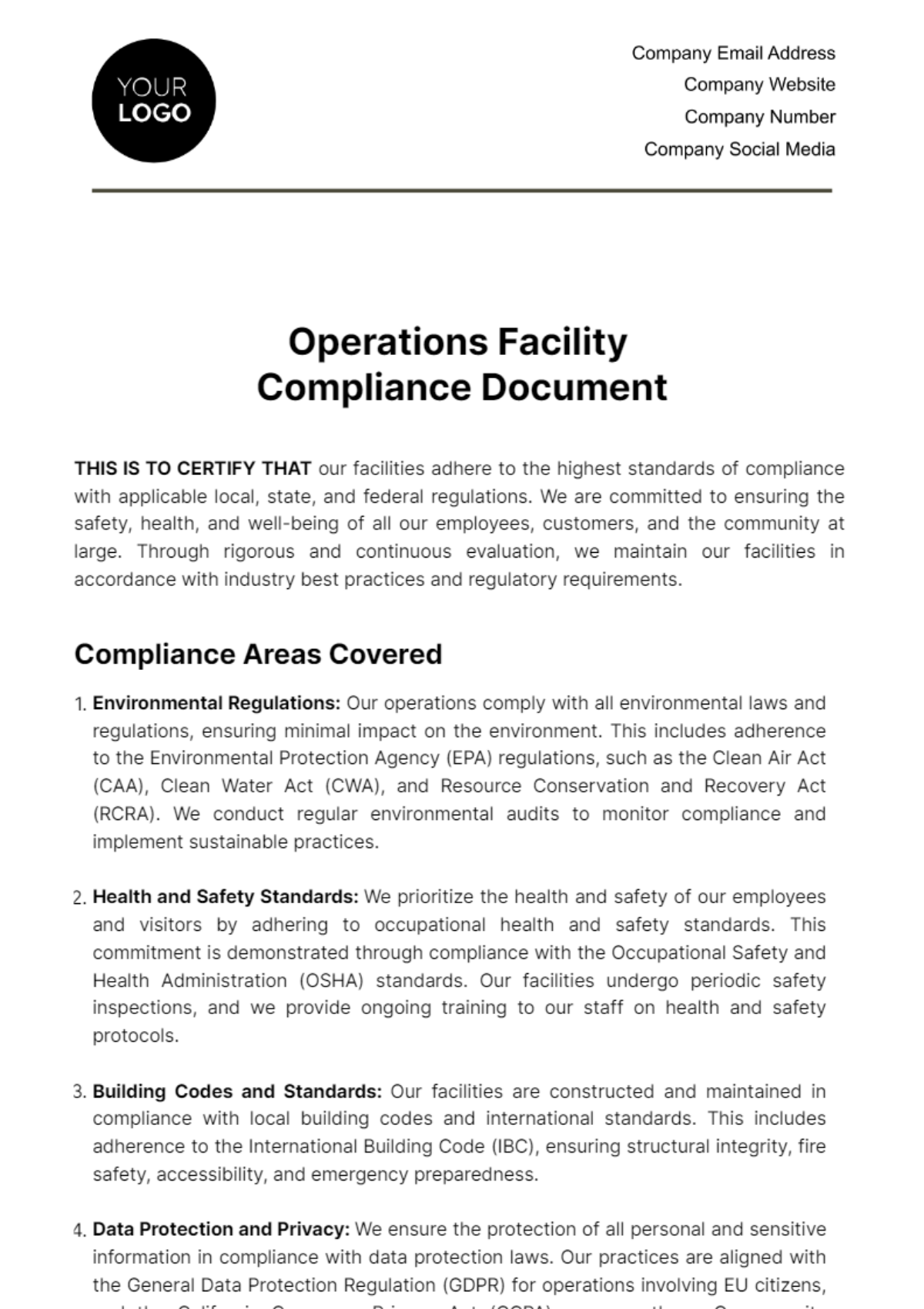 Free Operations Facility Compliance Document Template