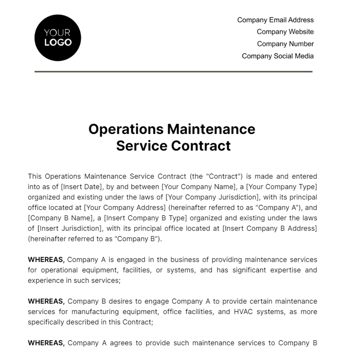 Operations Maintenance Service Contract Template - Edit Online & Download