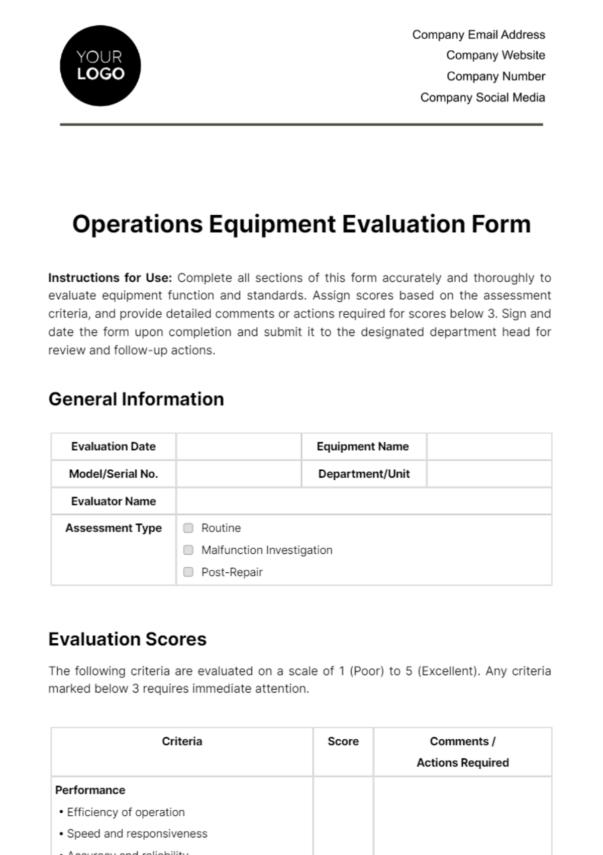 Operations Equipment Evaluation Form Template