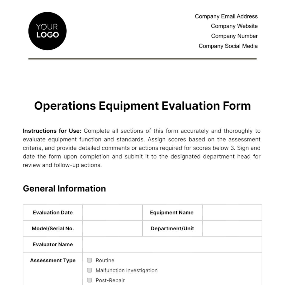 Operations Equipment Evaluation Form Template - Edit Online & Download